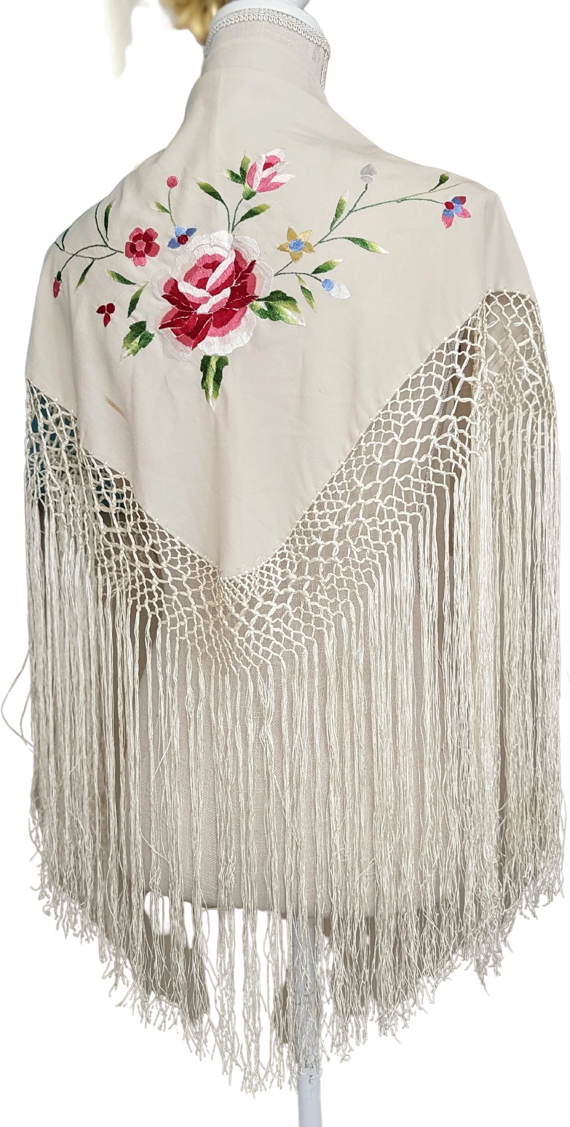 20s Small Red White and Blue Wildflower Silk On Tan Wrap Piano Shawl, Hand Embroidered with Hand Knotted Macrame Fringe