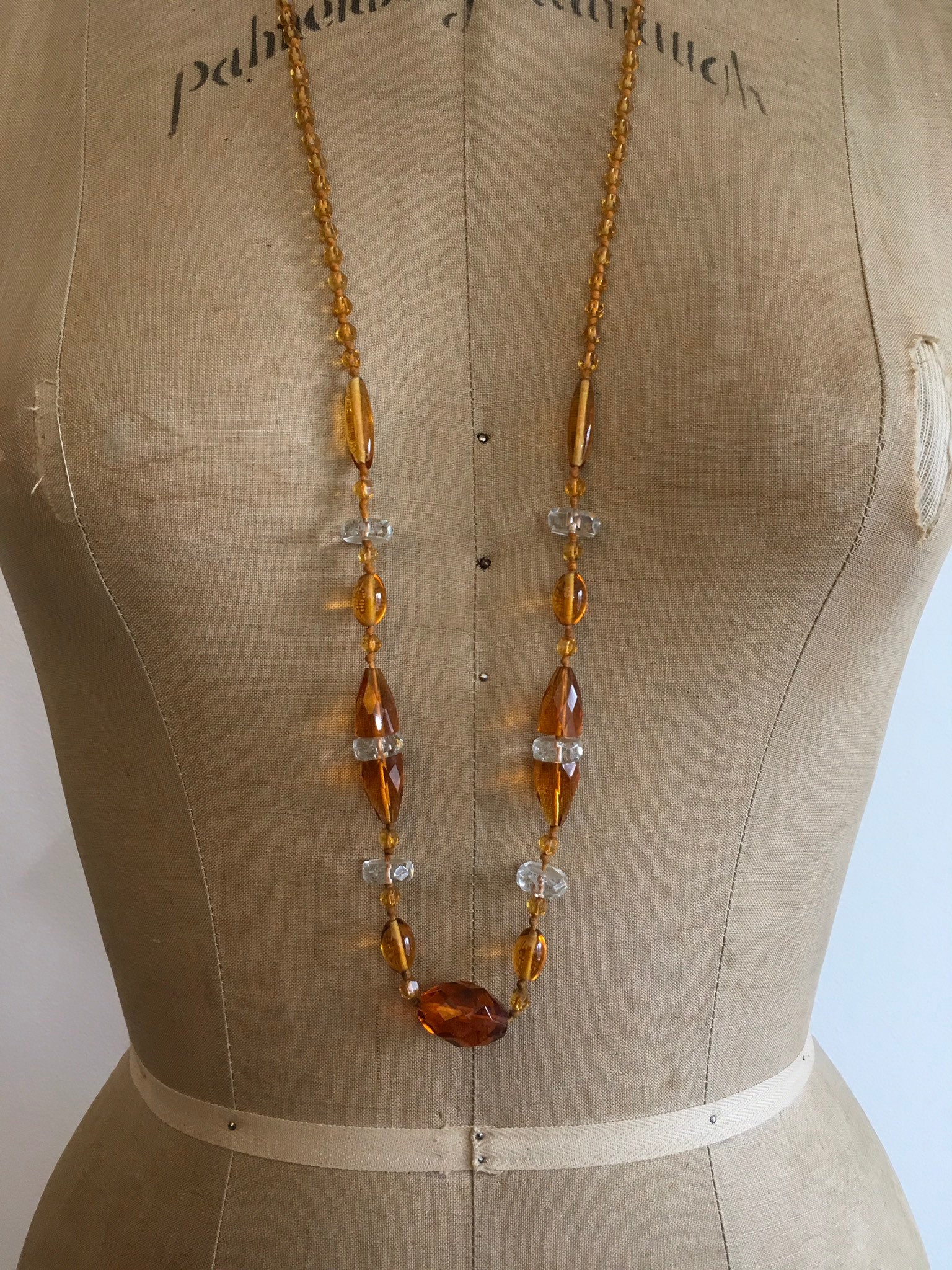 20's Yellow Amber Deco Hand Tied Cut Glass Faceted Beaded Rope Necklace - Image 4