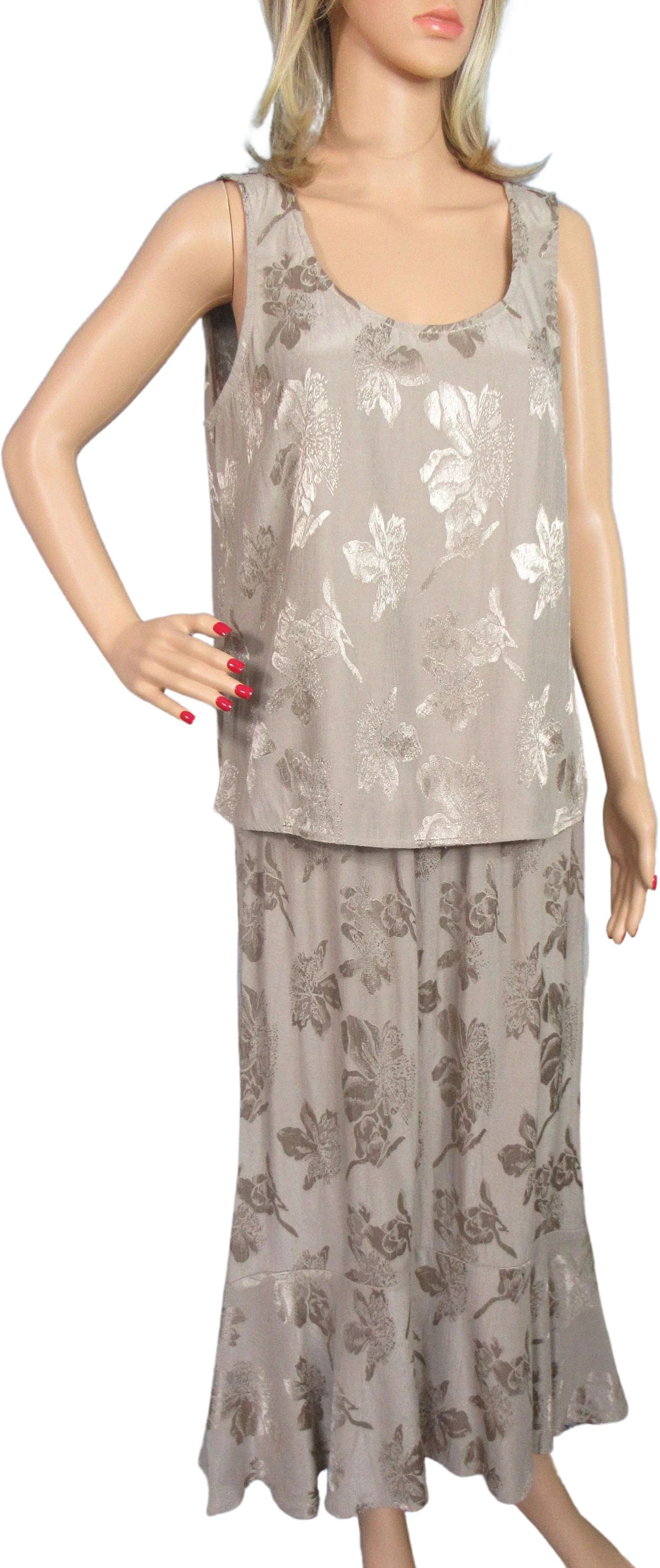 3-Piece Sz M/l Set Elastic Waist Skirt 42 Busy Tank and Blazer Beige Pattern-on-Pattern Made In Usa Classic Chic by Violet Kay Studio