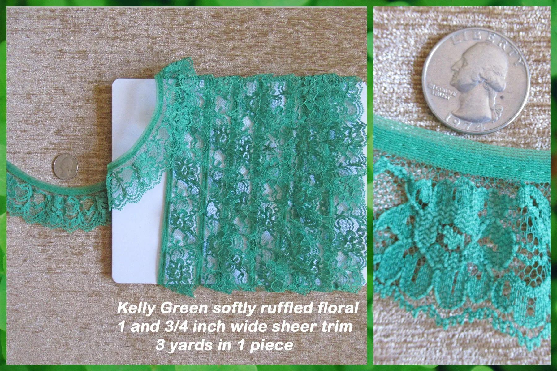3 Yards Kelly Green Lace Softly Ruffled Floral 1 and 3/4 Inch Wide Sheer Trim One Piece Vtg Bright and Pretty for Trims Dresses Crafts - Image 2