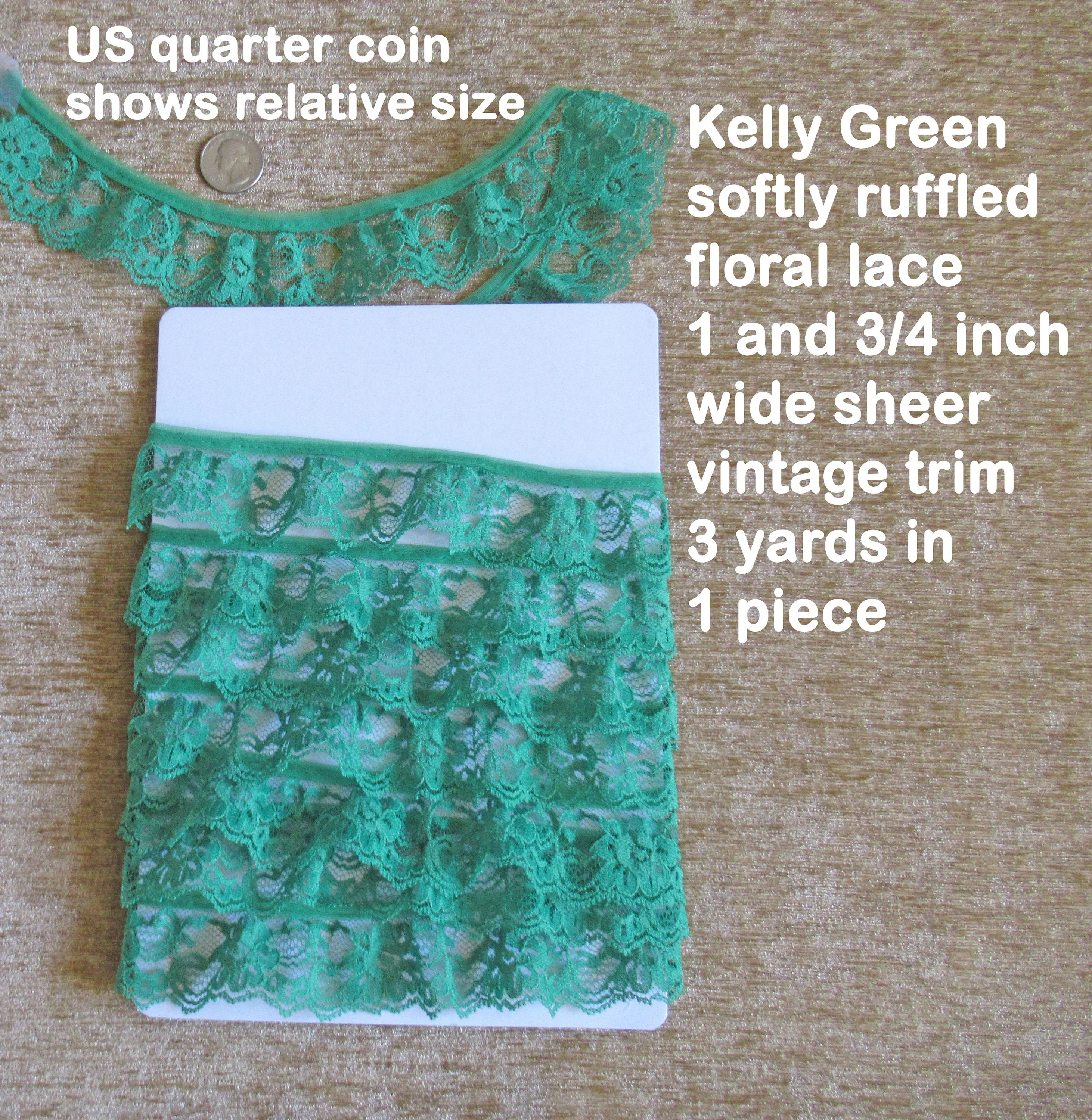 3 Yards Kelly Green Lace Softly Ruffled Floral 1 and 3/4 Inch Wide Sheer Trim One Piece Vtg Bright and Pretty for Trims Dresses Crafts - Image 3