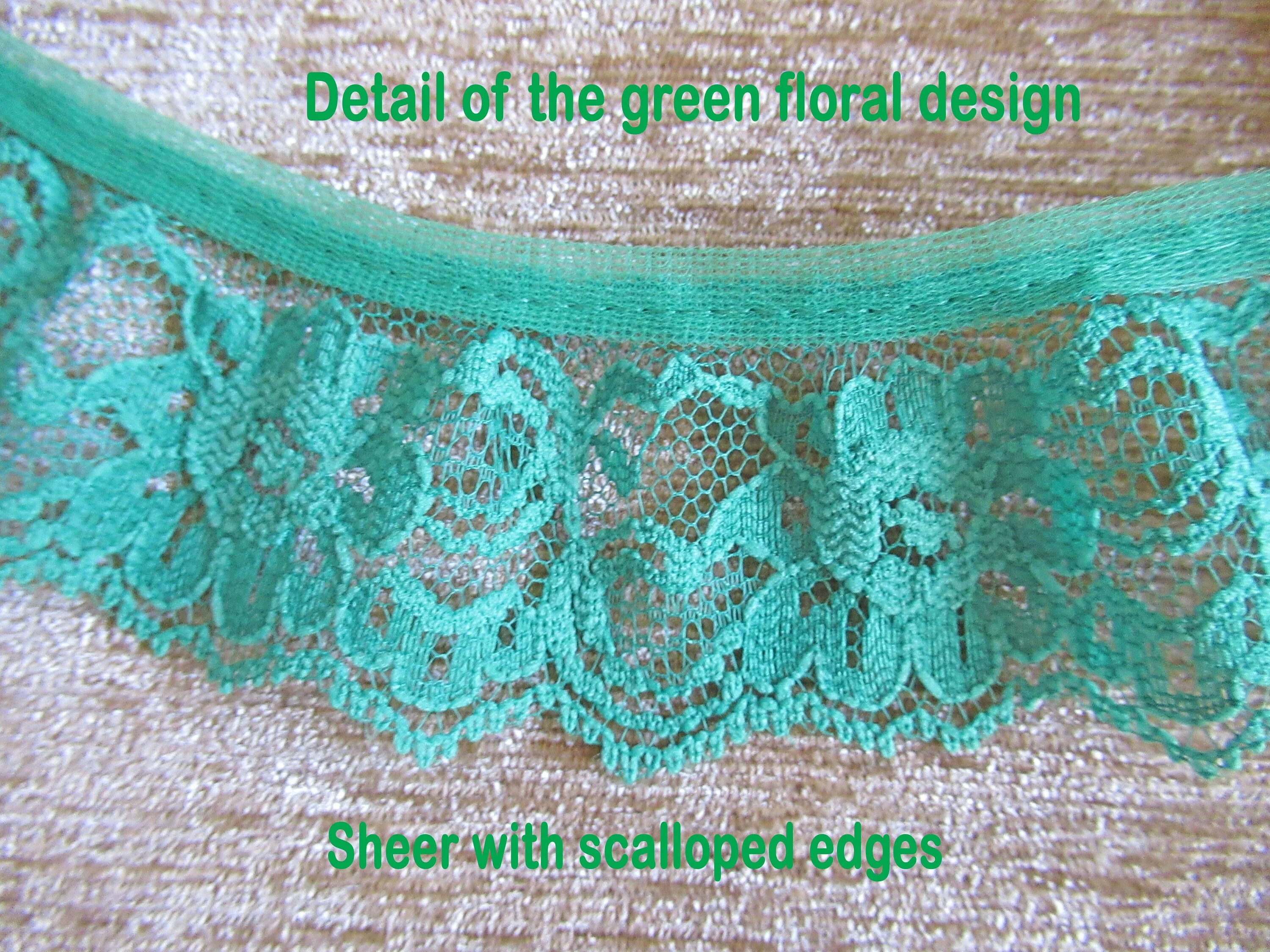 3 Yards Kelly Green Lace Softly Ruffled Floral 1 and 3/4 Inch Wide Sheer Trim One Piece Vtg Bright and Pretty for Trims Dresses Crafts - Image 5