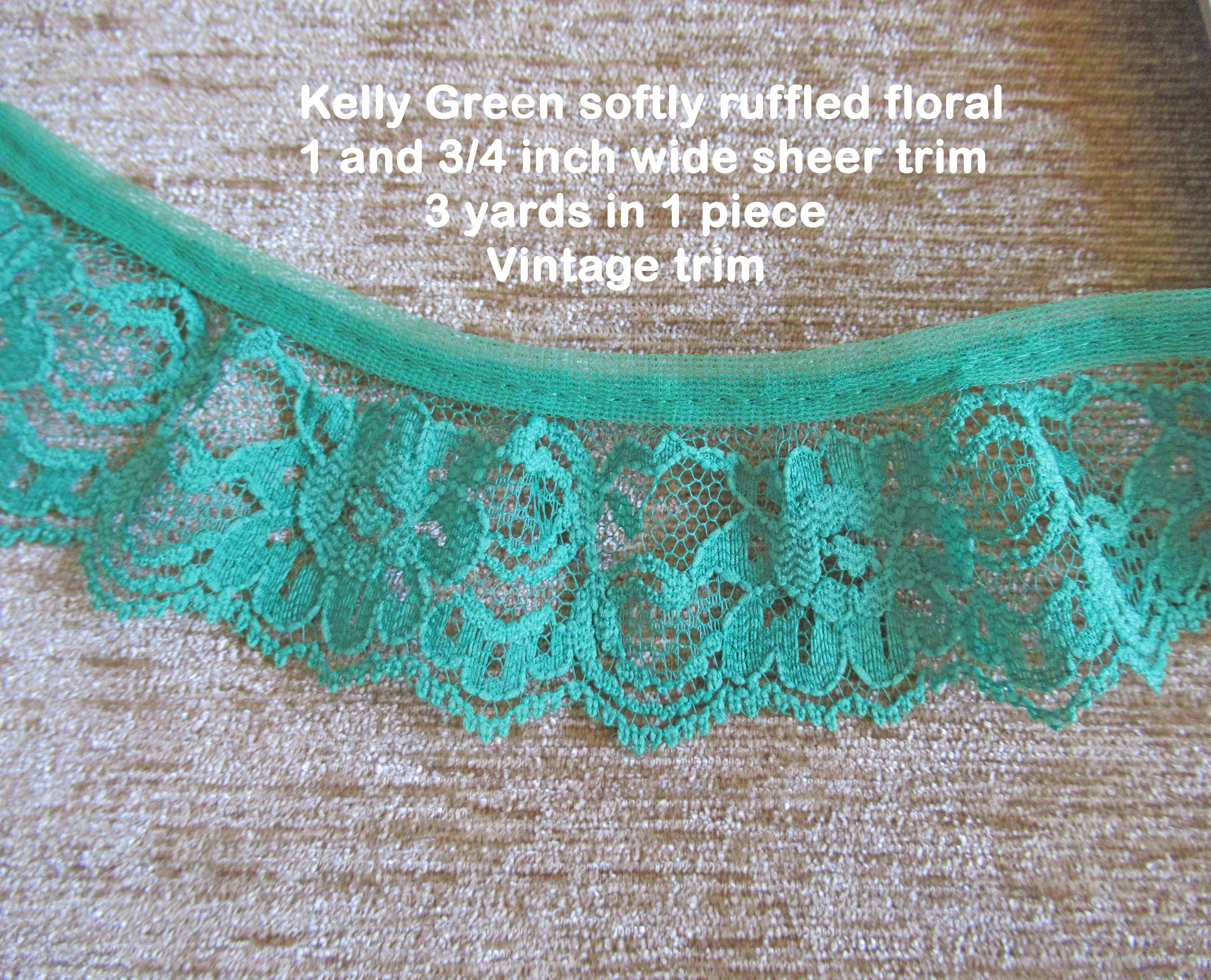 3 Yards Kelly Green Lace Softly Ruffled Floral 1 and 3/4 Inch Wide Sheer Trim One Piece Vtg Bright and Pretty for Trims Dresses Crafts - Image 6