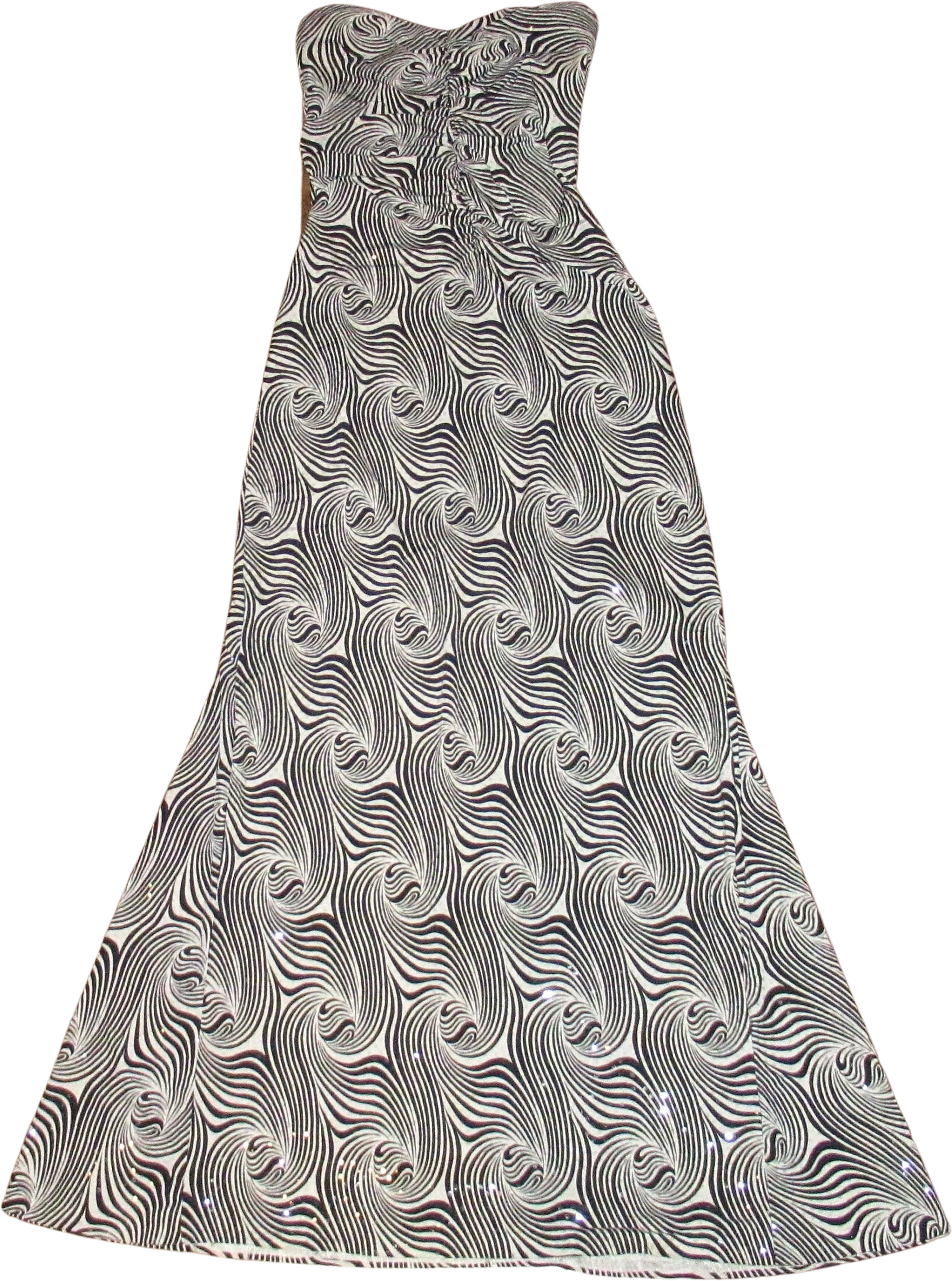 30 - 36 Bust Bodycon Dress Strapless Black and White Swirl Made In Usa Paillette Accents, Back Zip, Poly/spandex Stretch by Jessica Mcclintock