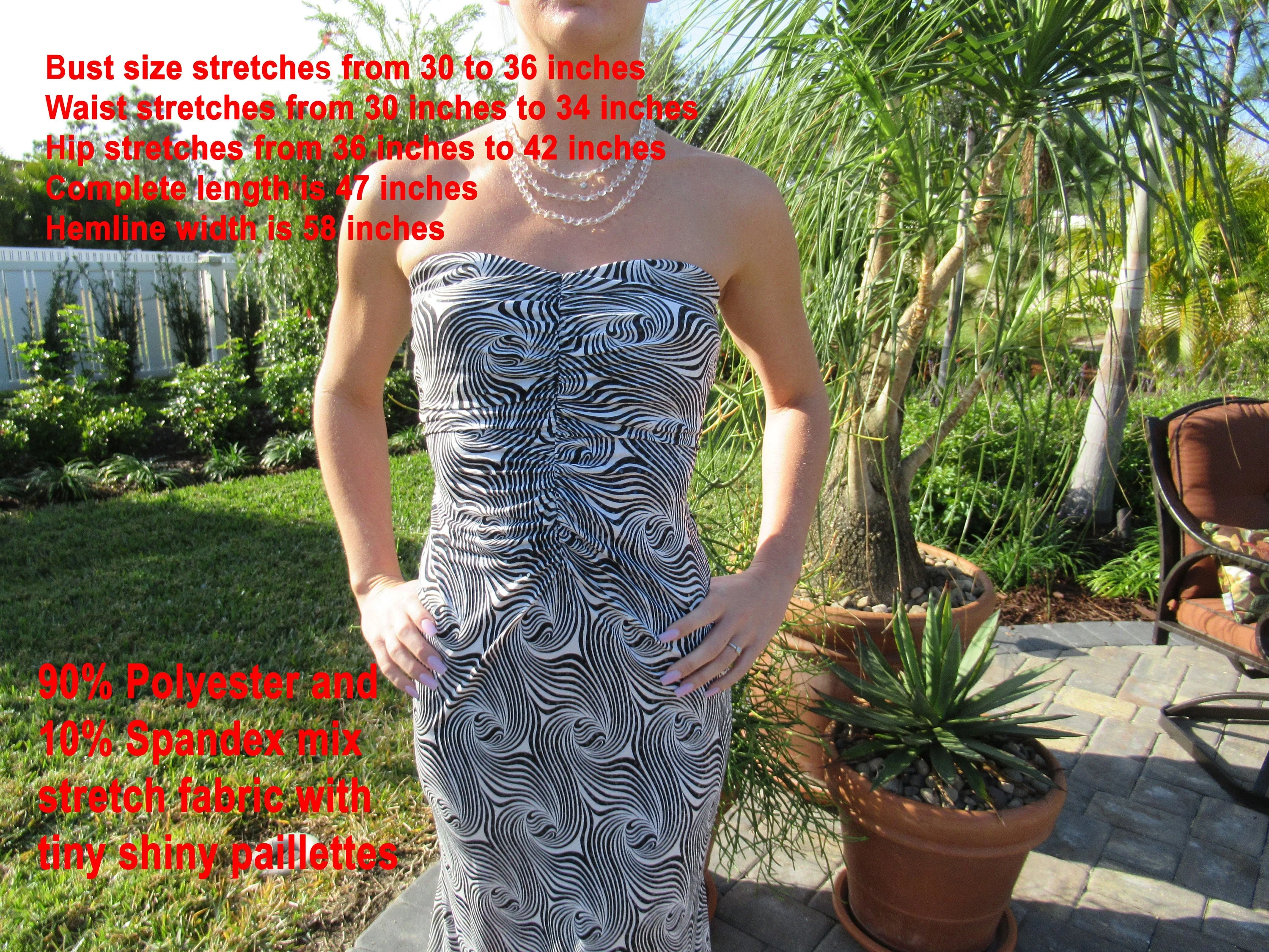 30 - 36 Bust Bodycon Dress Strapless Black and White Swirl Made In Usa Paillette Accents, Back Zip, Poly/spandex Stretch by Jessica Mcclintock - Image 4