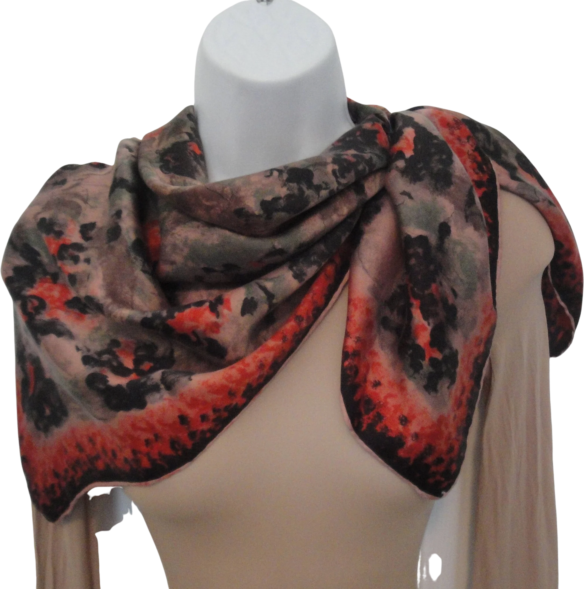 30 Inch Square Silk Scarf Bt Banner Logo Muted Impressionist Floral In Black Gray Coral Sage Green Taupe Bonus Magnetic Back Brooch
