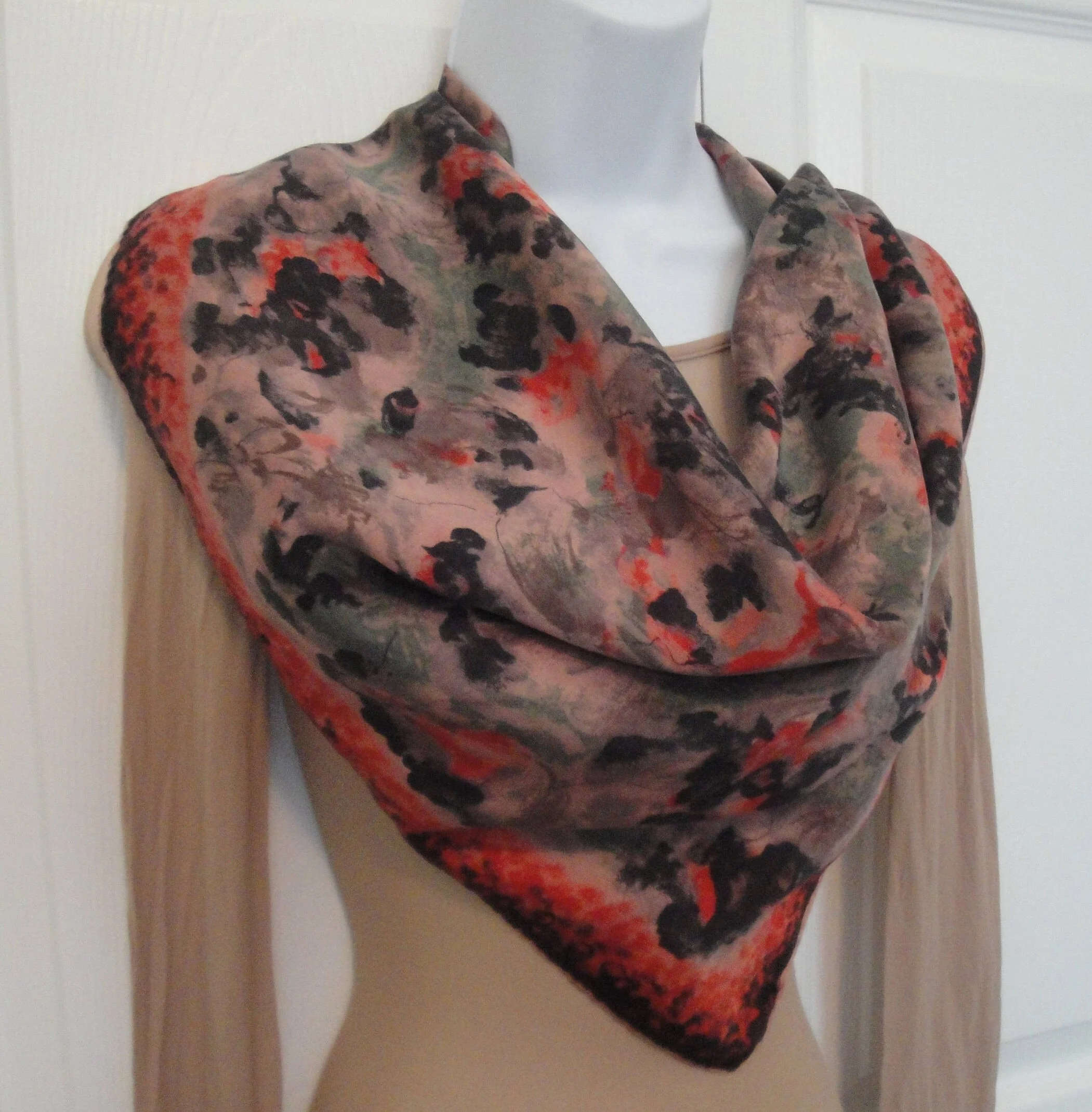 30 Inch Square Silk Scarf Bt Banner Logo Muted Impressionist Floral In Black Gray Coral Sage Green Taupe Bonus Magnetic Back Brooch - Image 10