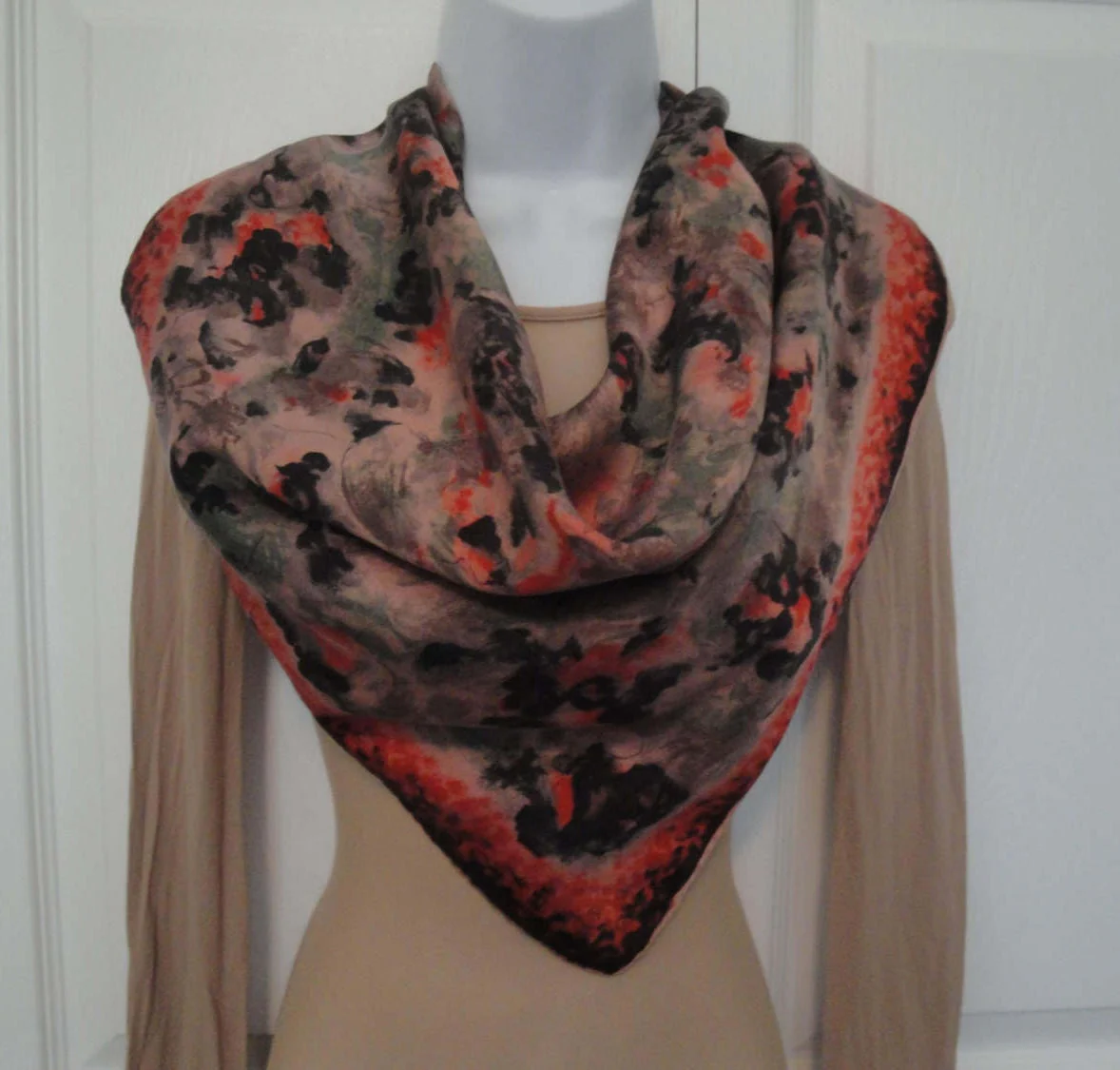 30 Inch Square Silk Scarf Bt Banner Logo Muted Impressionist Floral In Black Gray Coral Sage Green Taupe Bonus Magnetic Back Brooch - Image 4