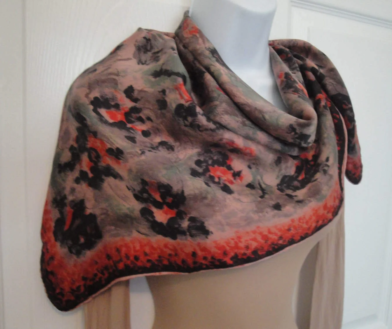 30 Inch Square Silk Scarf Bt Banner Logo Muted Impressionist Floral In Black Gray Coral Sage Green Taupe Bonus Magnetic Back Brooch - Image 6