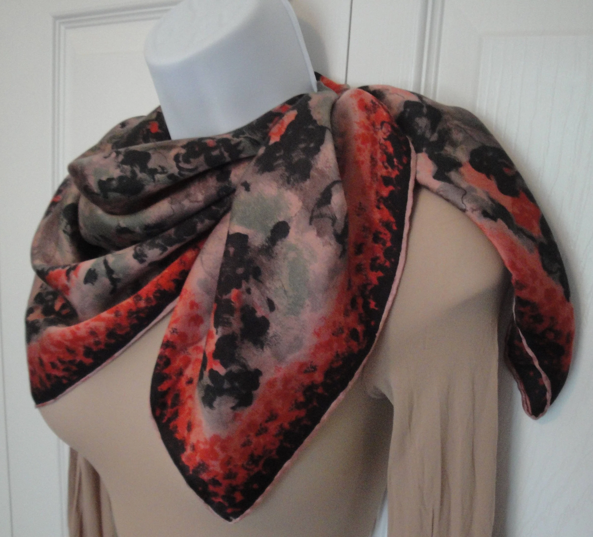 30 Inch Square Silk Scarf Bt Banner Logo Muted Impressionist Floral In Black Gray Coral Sage Green Taupe Bonus Magnetic Back Brooch - Image 7