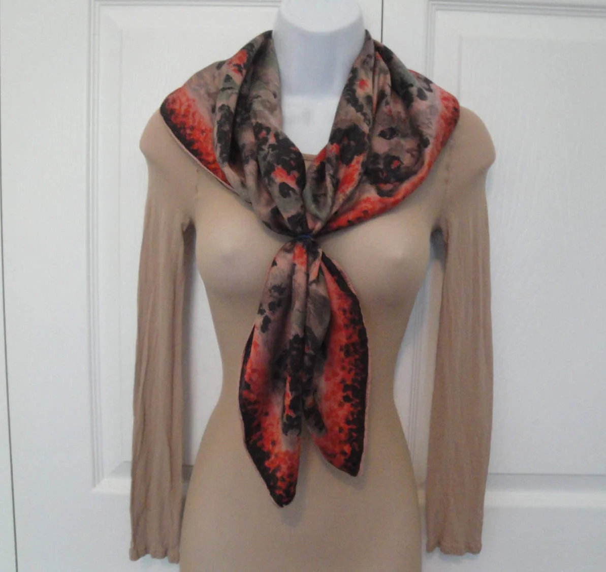 30 Inch Square Silk Scarf Bt Banner Logo Muted Impressionist Floral In Black Gray Coral Sage Green Taupe Bonus Magnetic Back Brooch - Image 9