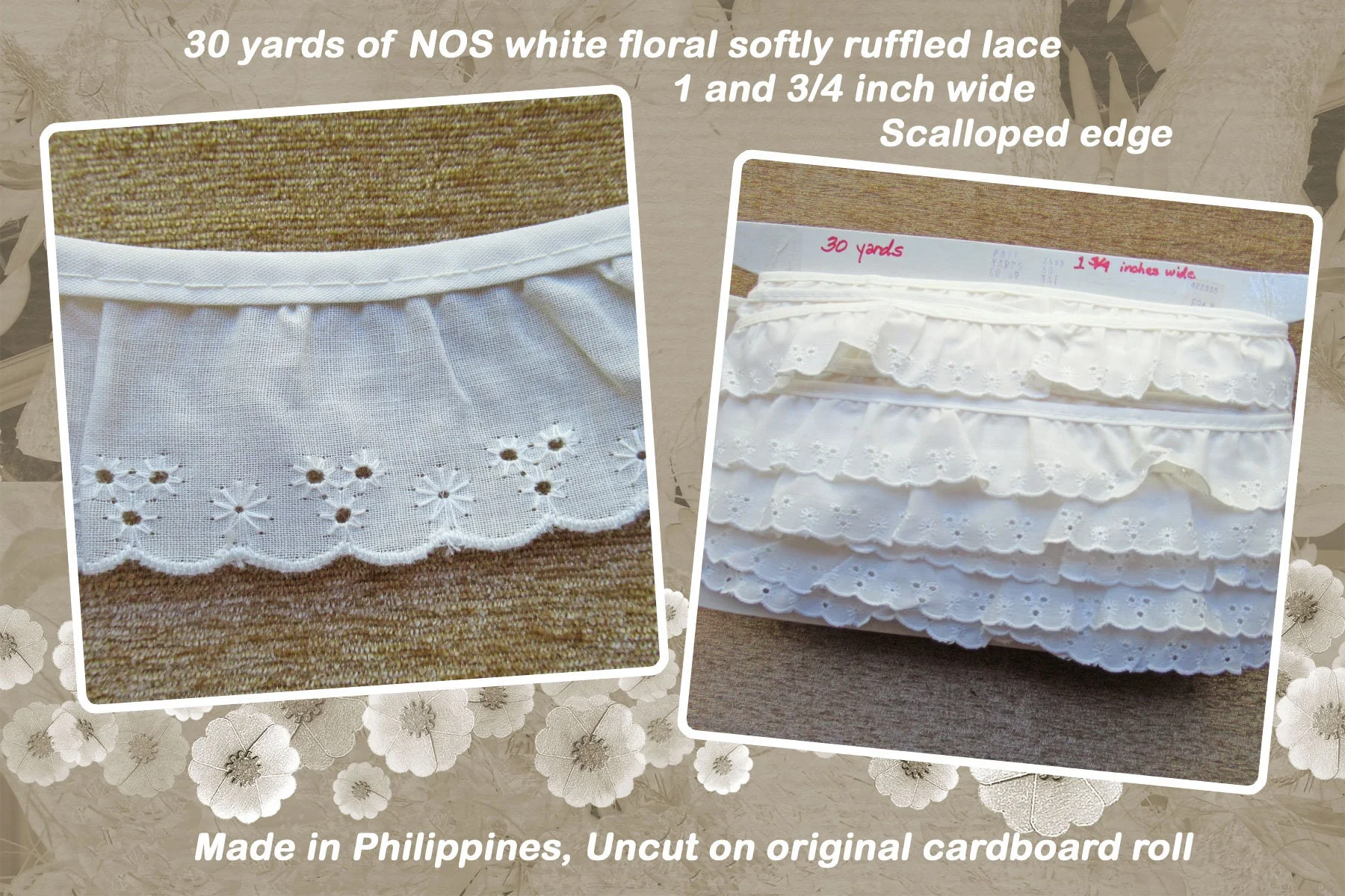 30 Yards Nos Ruffled Lace 1 and 3/4 Inch Wide, Scalloped Edge, White Floral Softly, Made In Philippines, Uncut On Original Cardboard Roll - Image 3