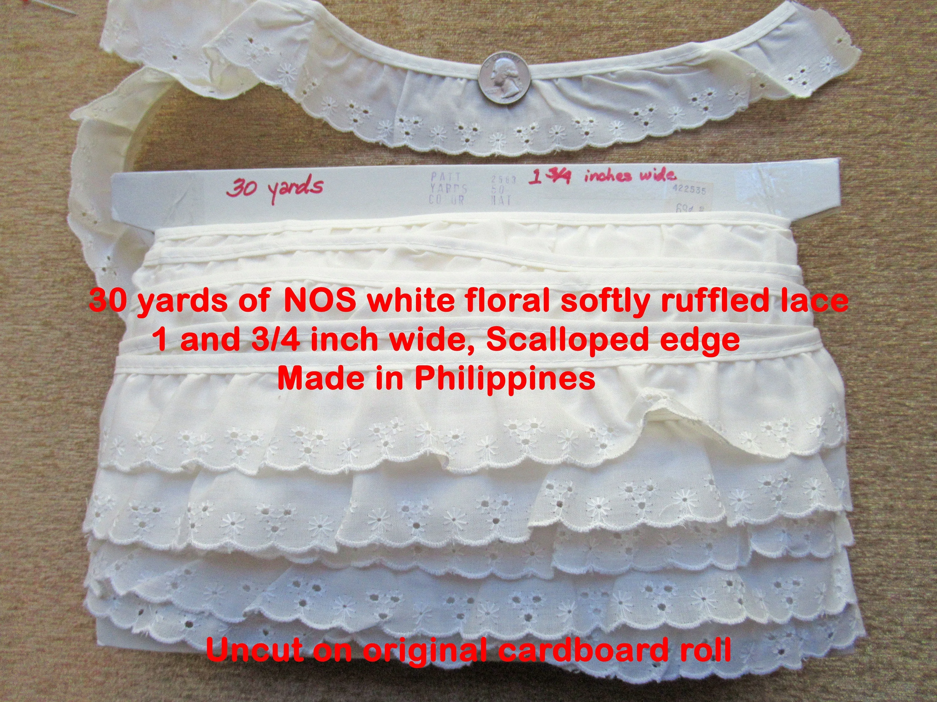 30 Yards Nos Ruffled Lace 1 and 3/4 Inch Wide, Scalloped Edge, White Floral Softly, Made In Philippines, Uncut On Original Cardboard Roll - Image 5