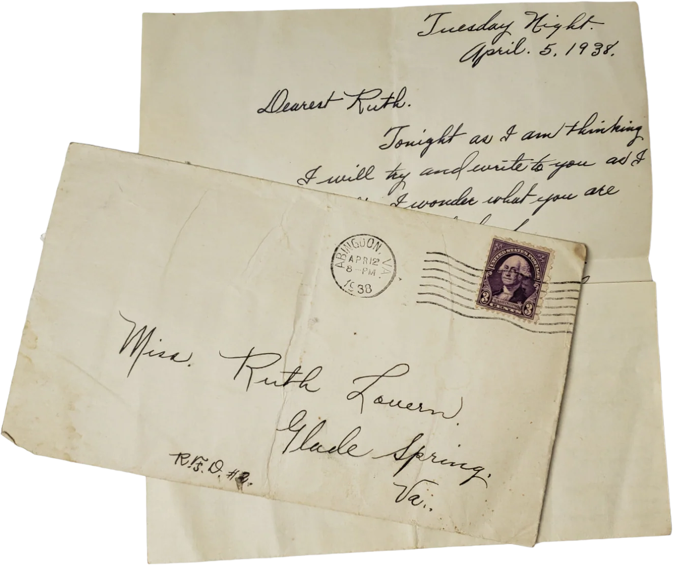 30s 1938 A Mailed Love Letter To Ruth Of Virginia