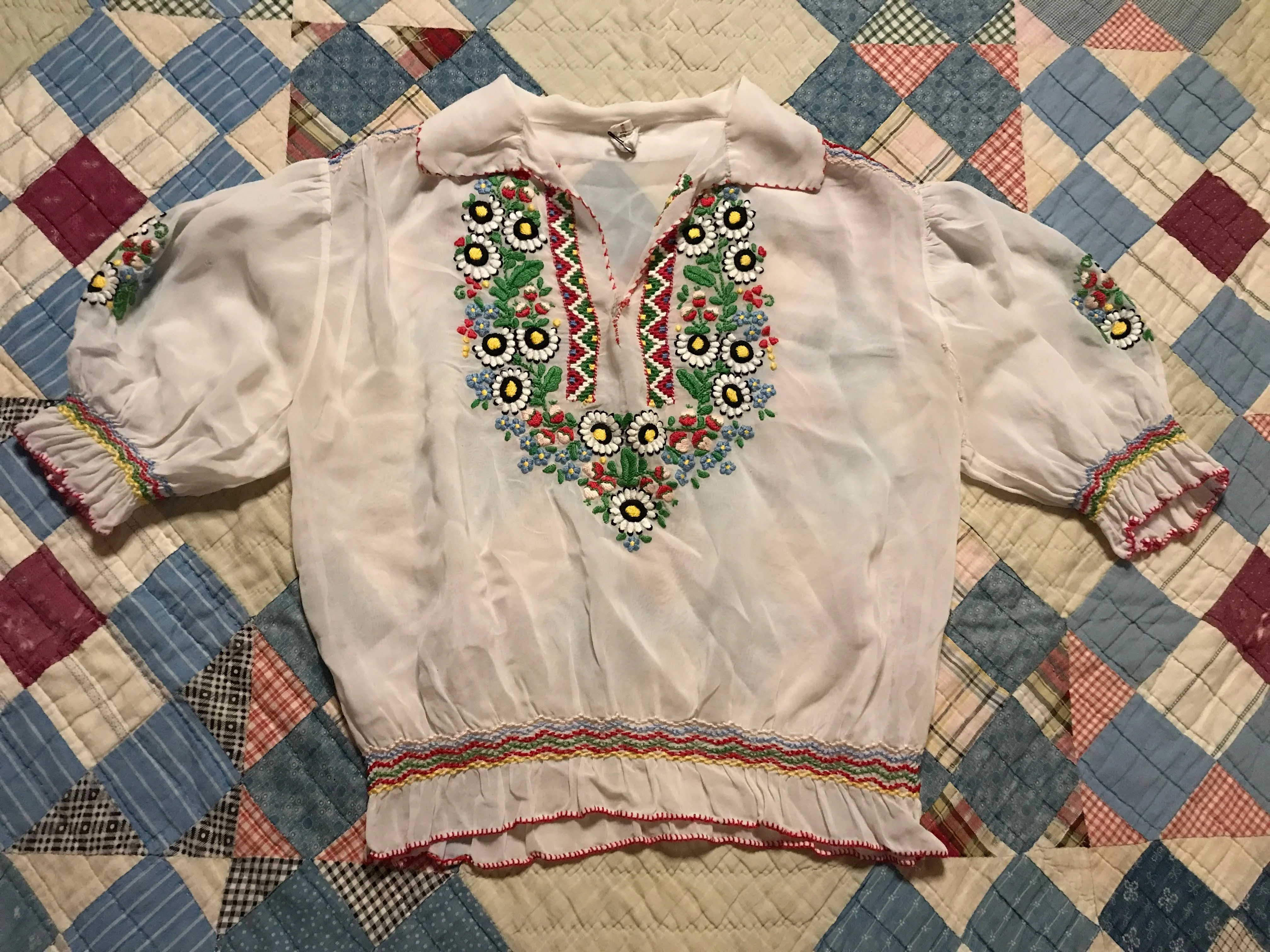 30s/40s Antique Embroidered Hungarian Boho Organdy Top - Image 6