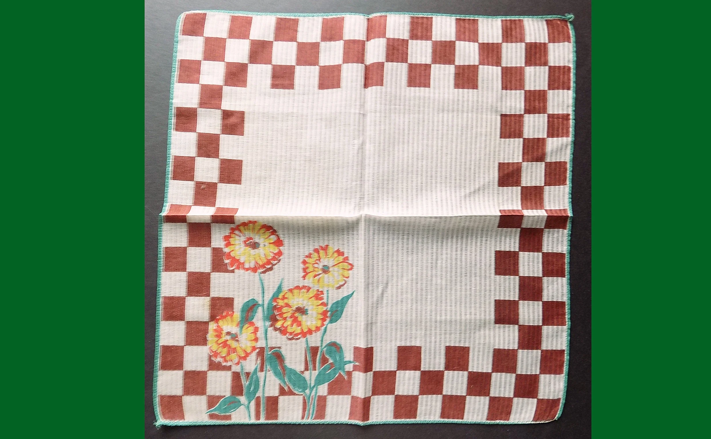 30s 40s Art Deco Ribbed Cotton Hankie with Flowers On a Check Background Yellow Brown Green Orange Mint Condition - Image 2
