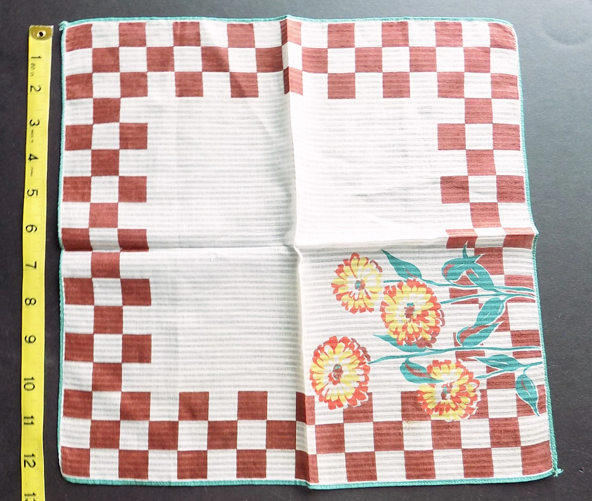 30s 40s Art Deco Ribbed Cotton Hankie with Flowers On a Check Background Yellow Brown Green Orange Mint Condition - Image 4