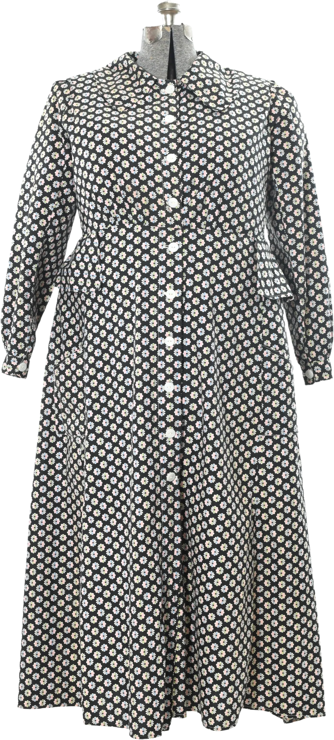 30s/40s Black Floral Button Front Volup Dressing Gown Robe