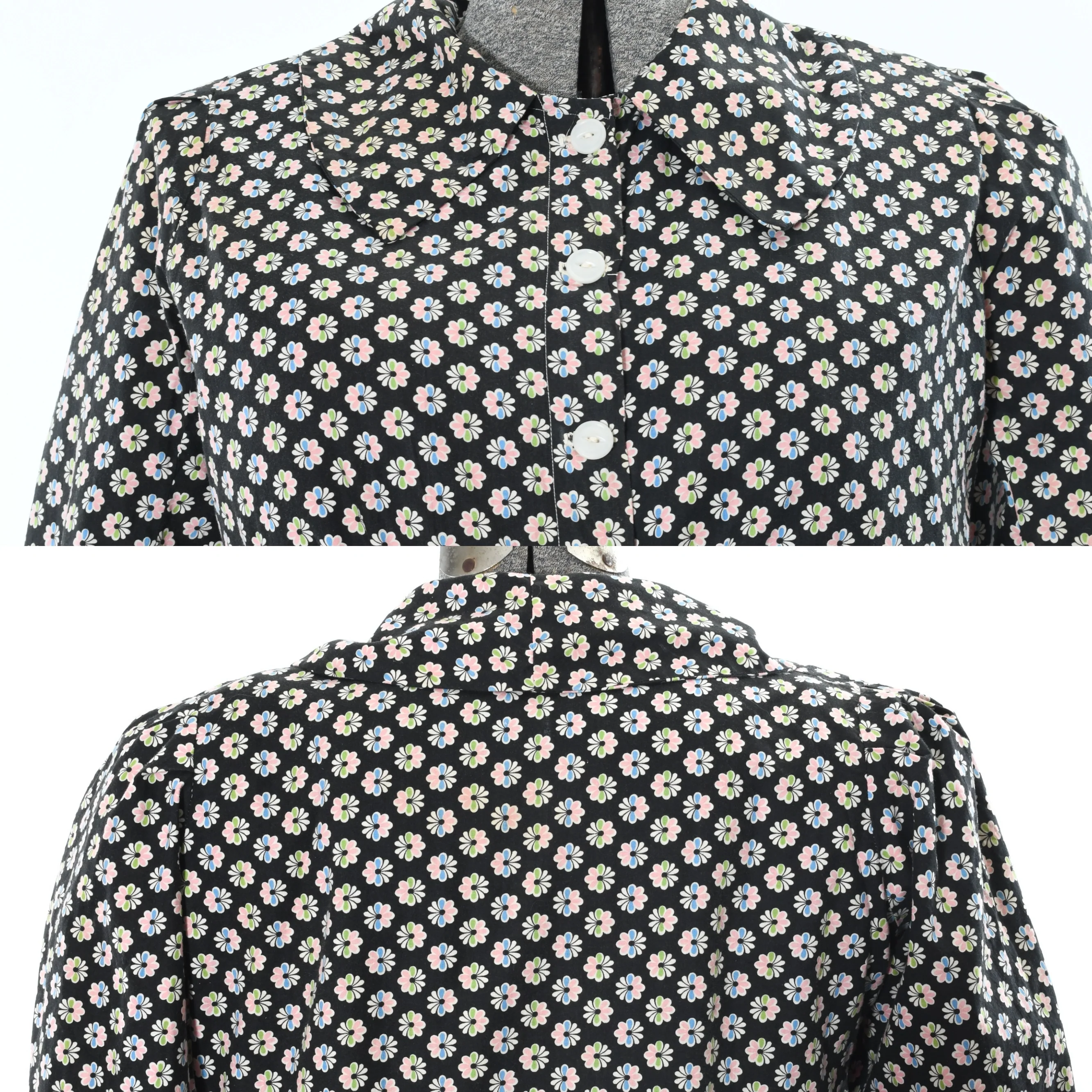 30s/40s Black Floral Button Front Volup Dressing Gown Robe - Image 14