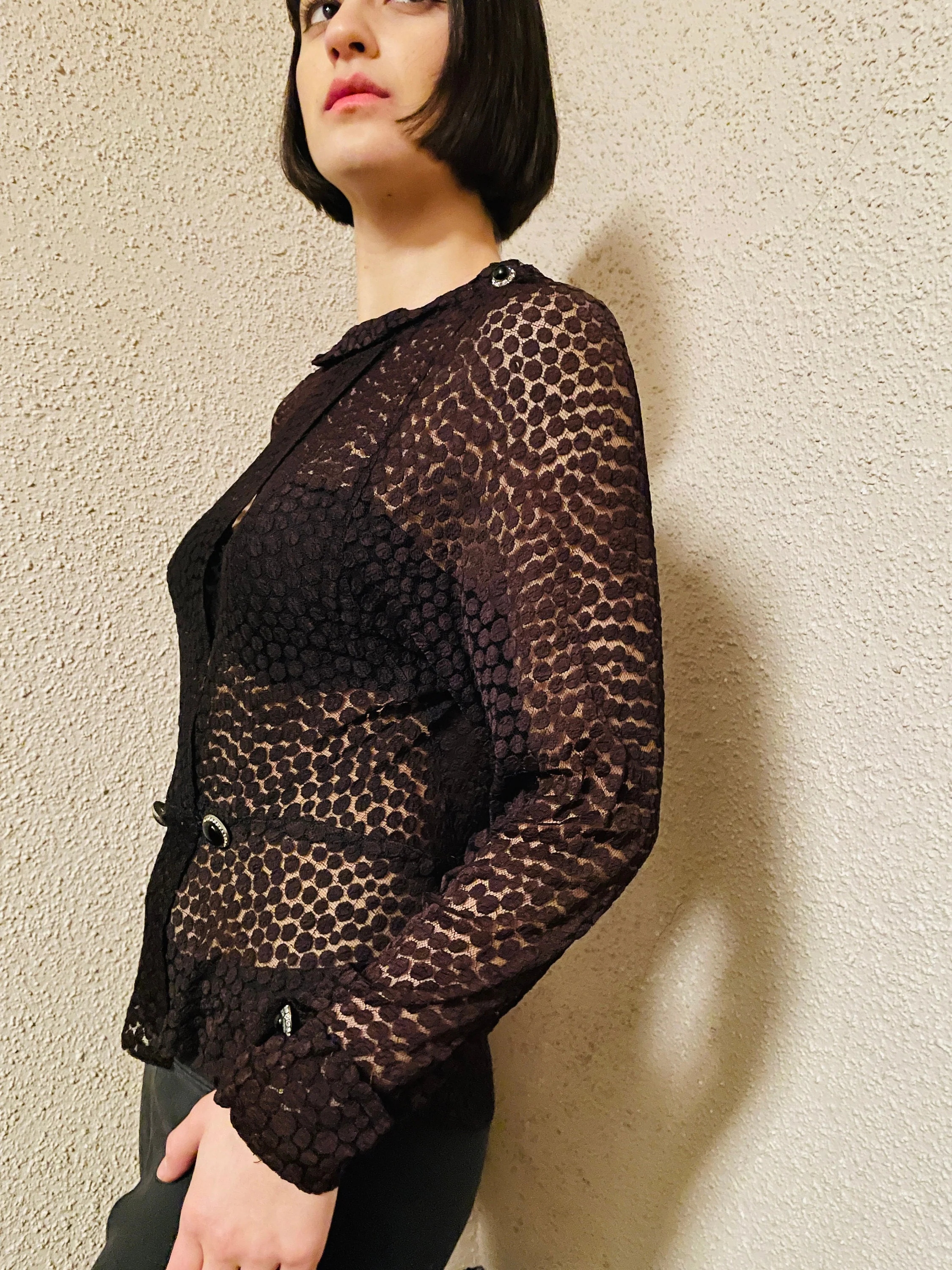 30s 40s Black Sheer Lace Mesh Top - Image 4