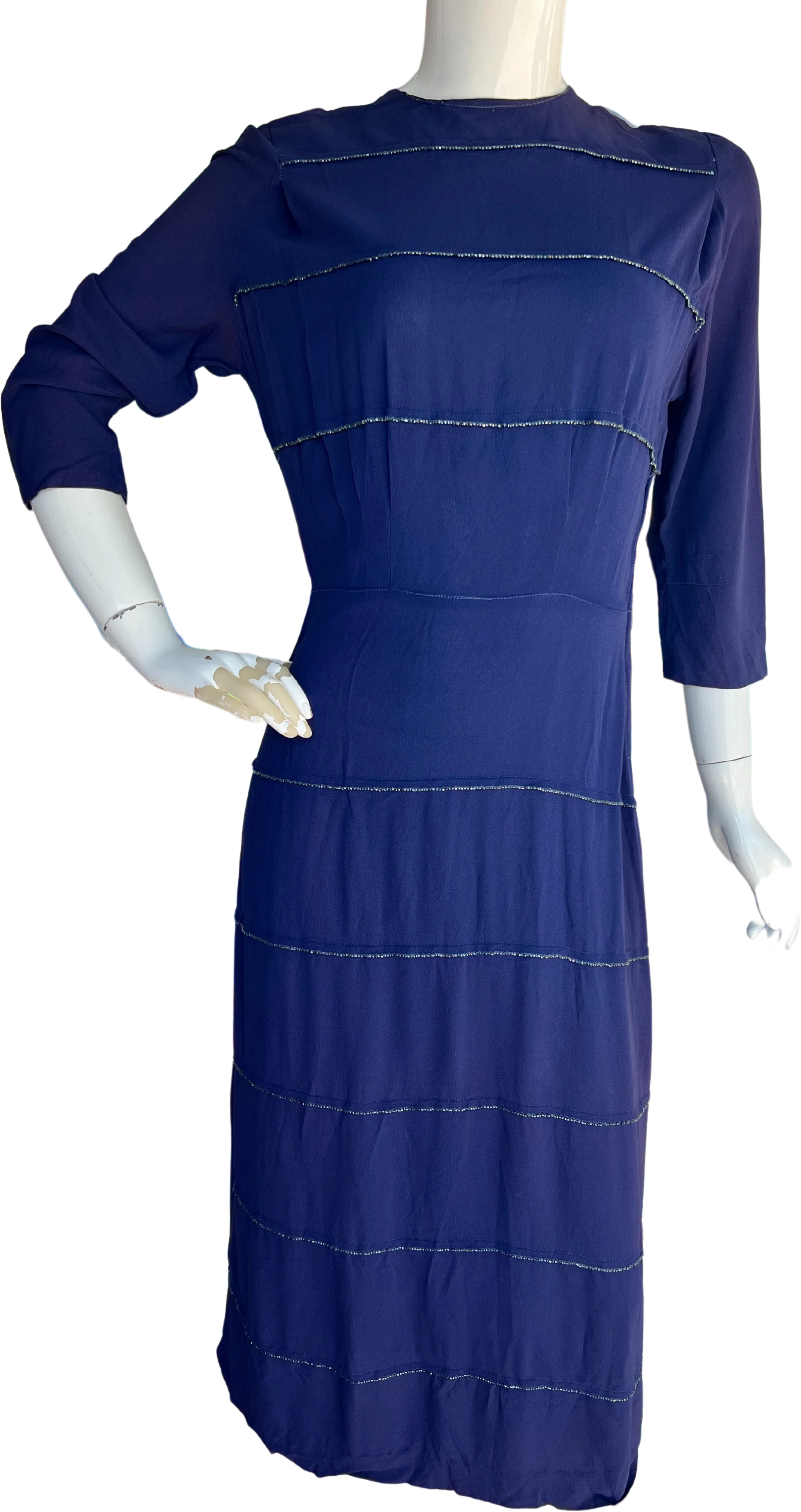 30s/40s Blue Sheath Dress with Metallic Beading by A Graceful Lady
