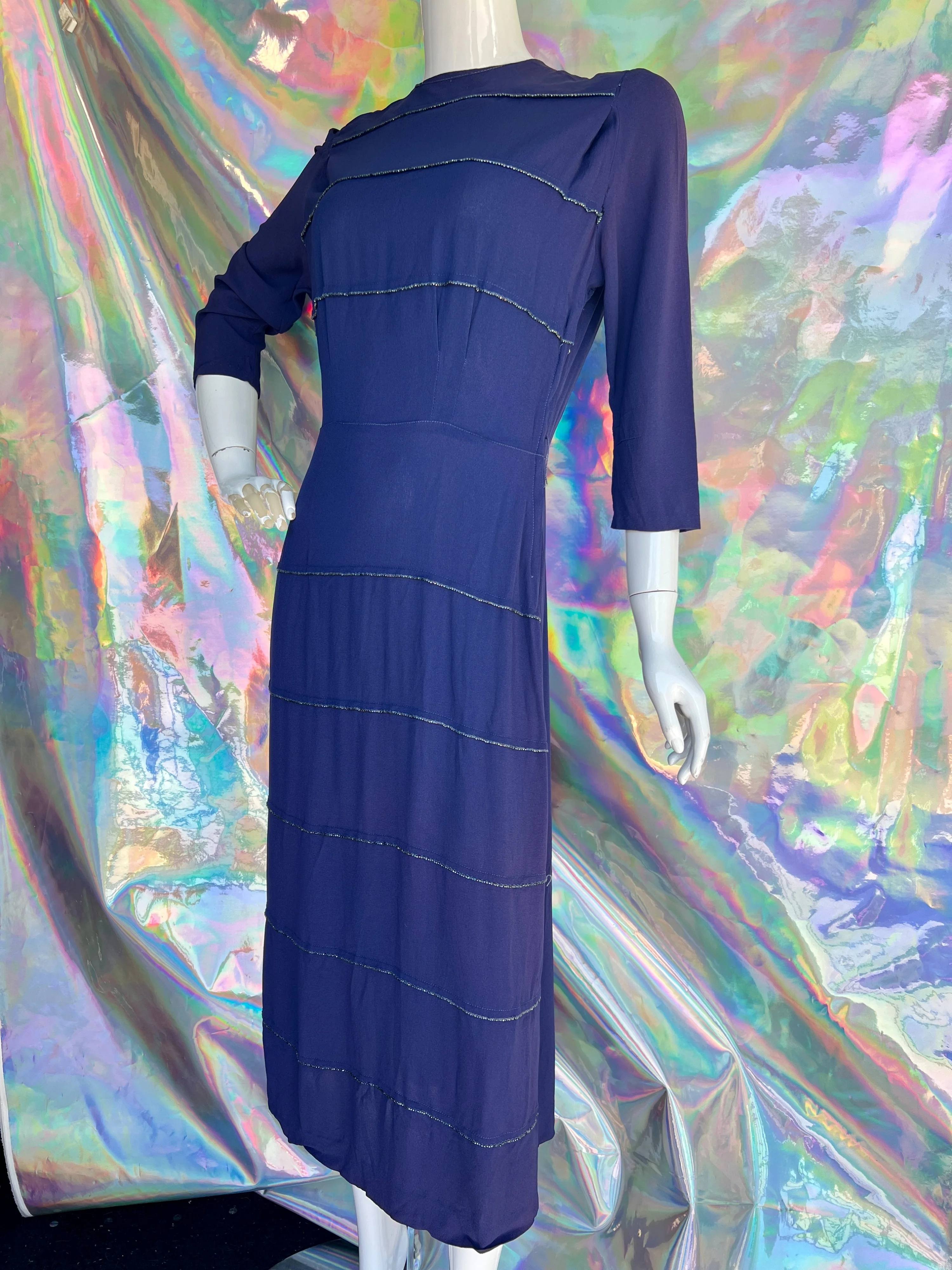 30s/40s Blue Sheath Dress with Metallic Beading by A Graceful Lady - Image 4