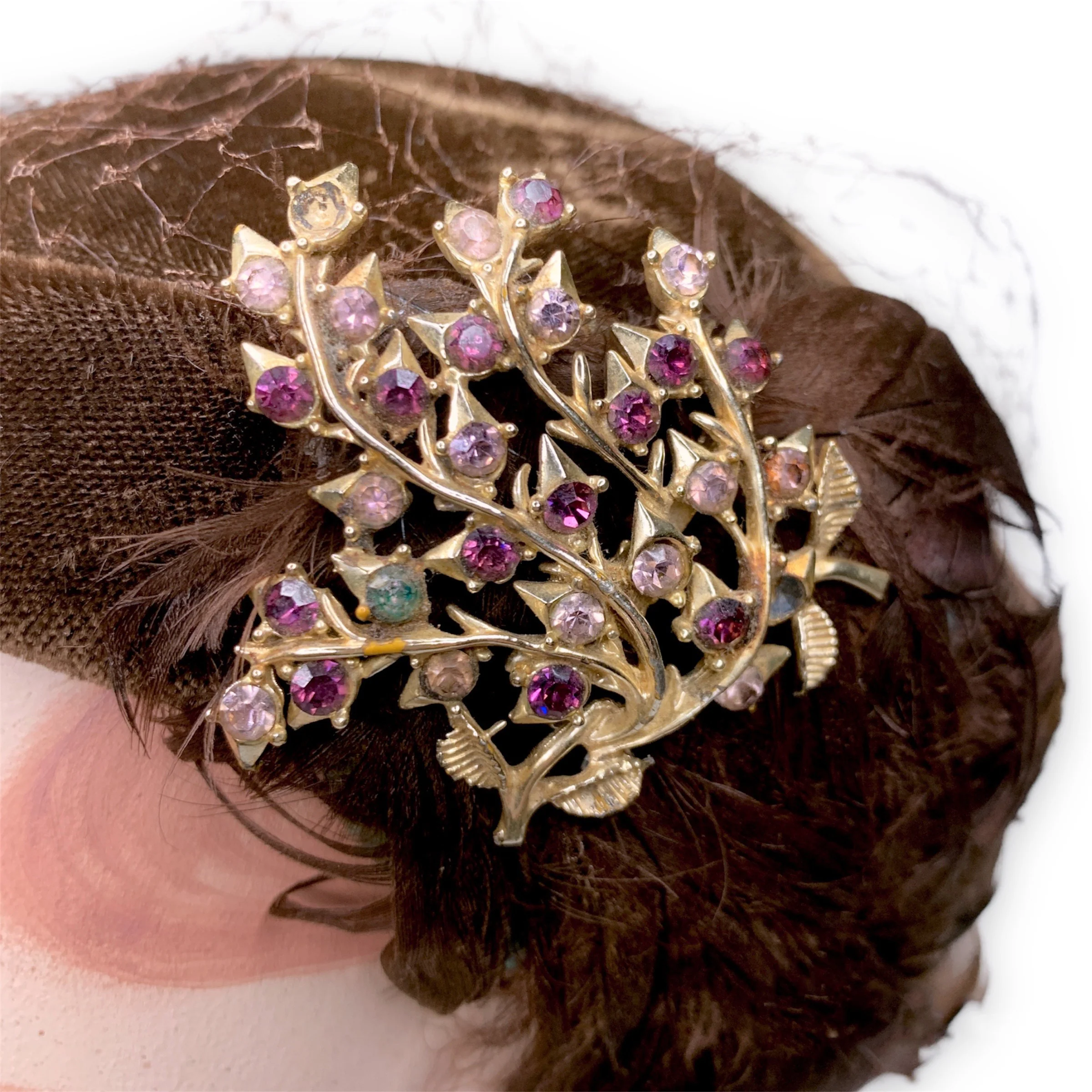 30s/40s Brown Velvet Feather Skull Cap Jeweled Hat - Image 6