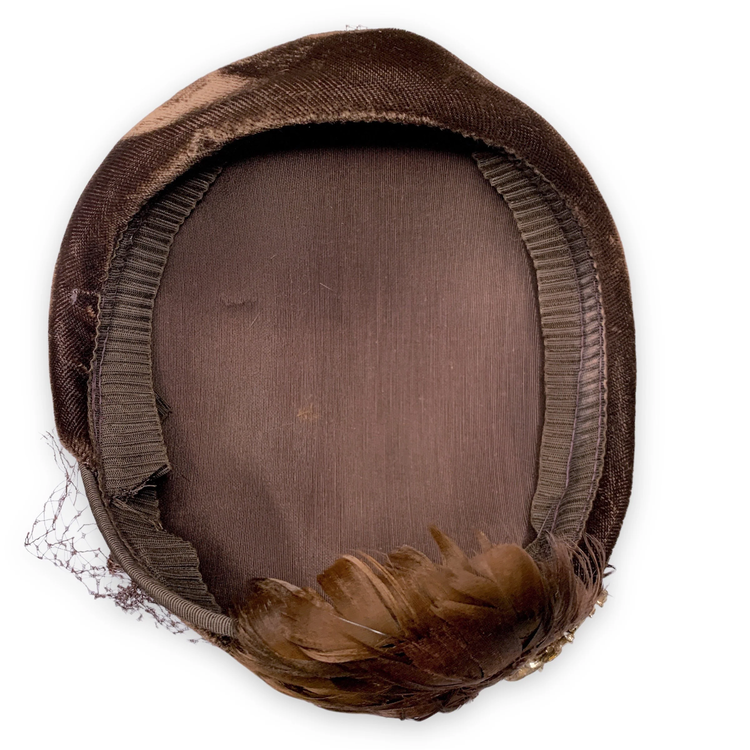 30s/40s Brown Velvet Feather Skull Cap Jeweled Hat - Image 8