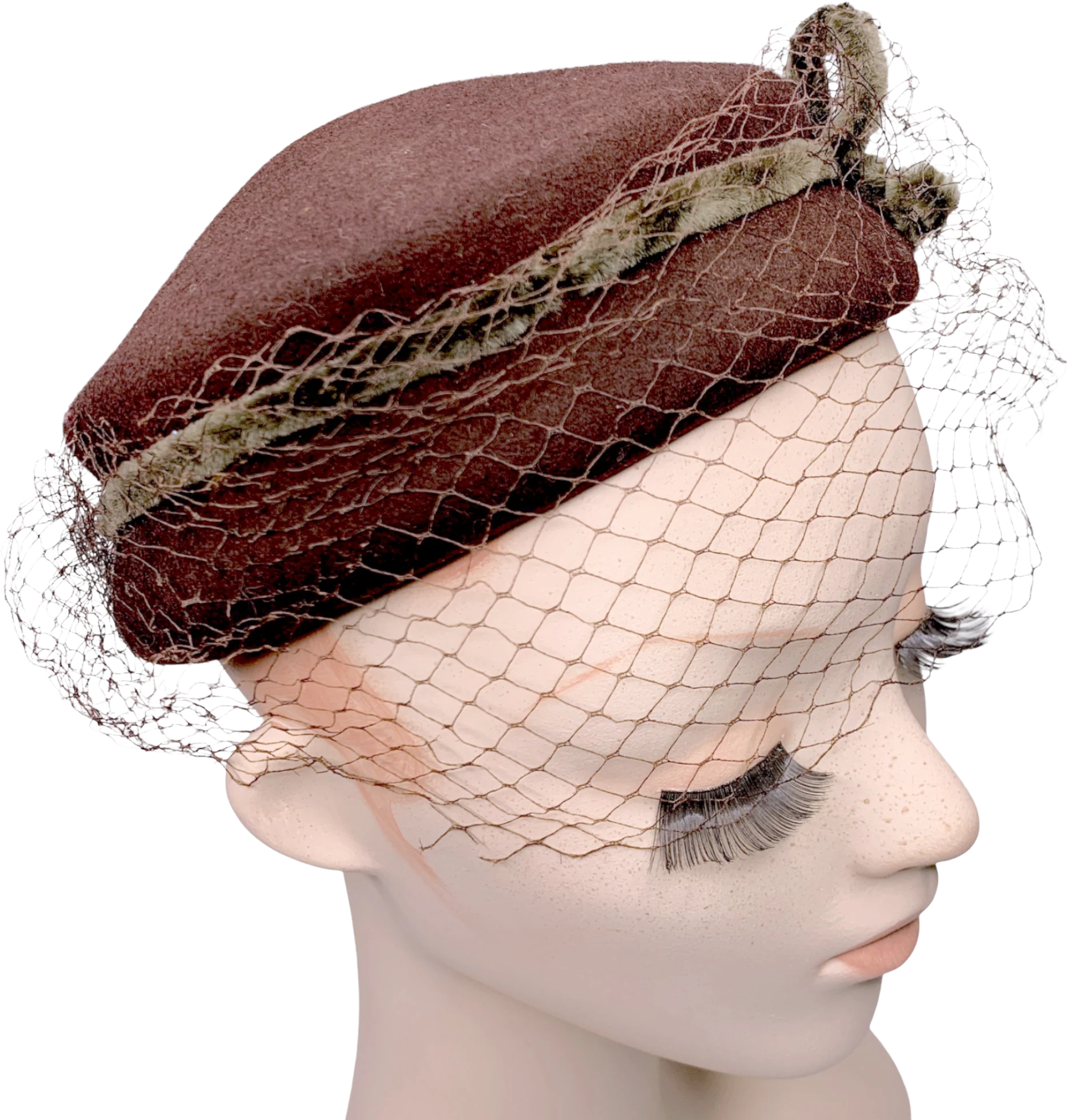 30s/40s Brown Wool Felt Pillbox Net Hat Bow Accent By Milford Wool Hat Body Corp - Image 2