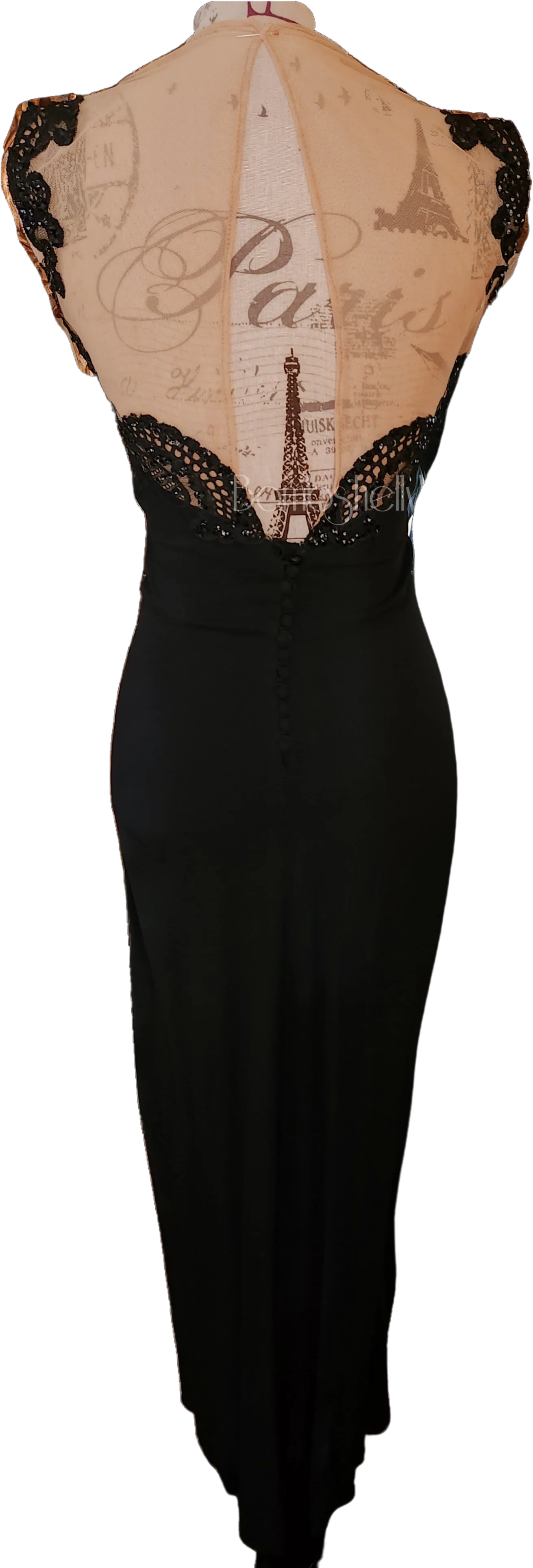 30s/40s Celebrity Owned Black Bead Gown Illusion Neckline - Image 2