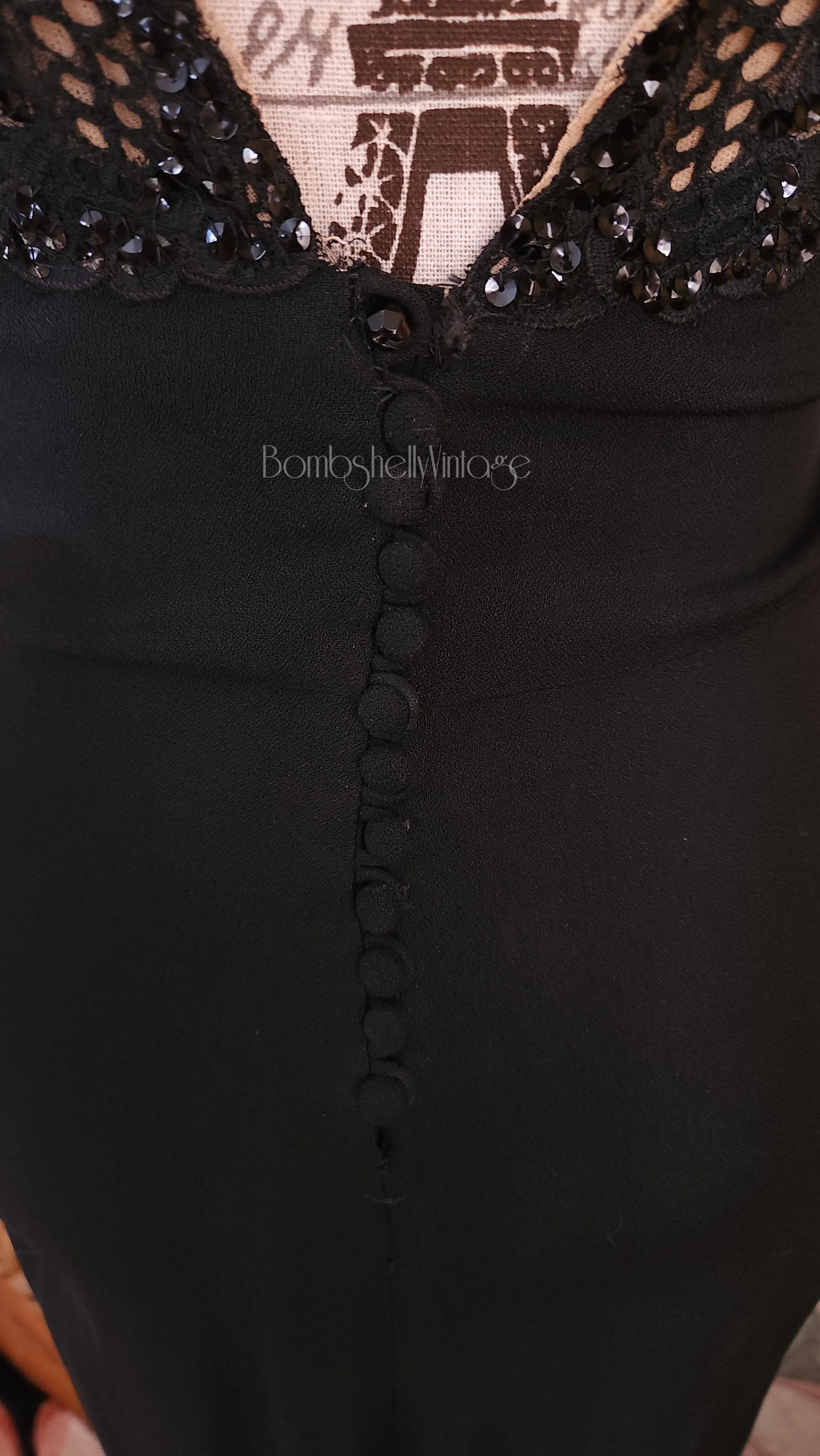 30s/40s Celebrity Owned Black Bead Gown Illusion Neckline - Image 8