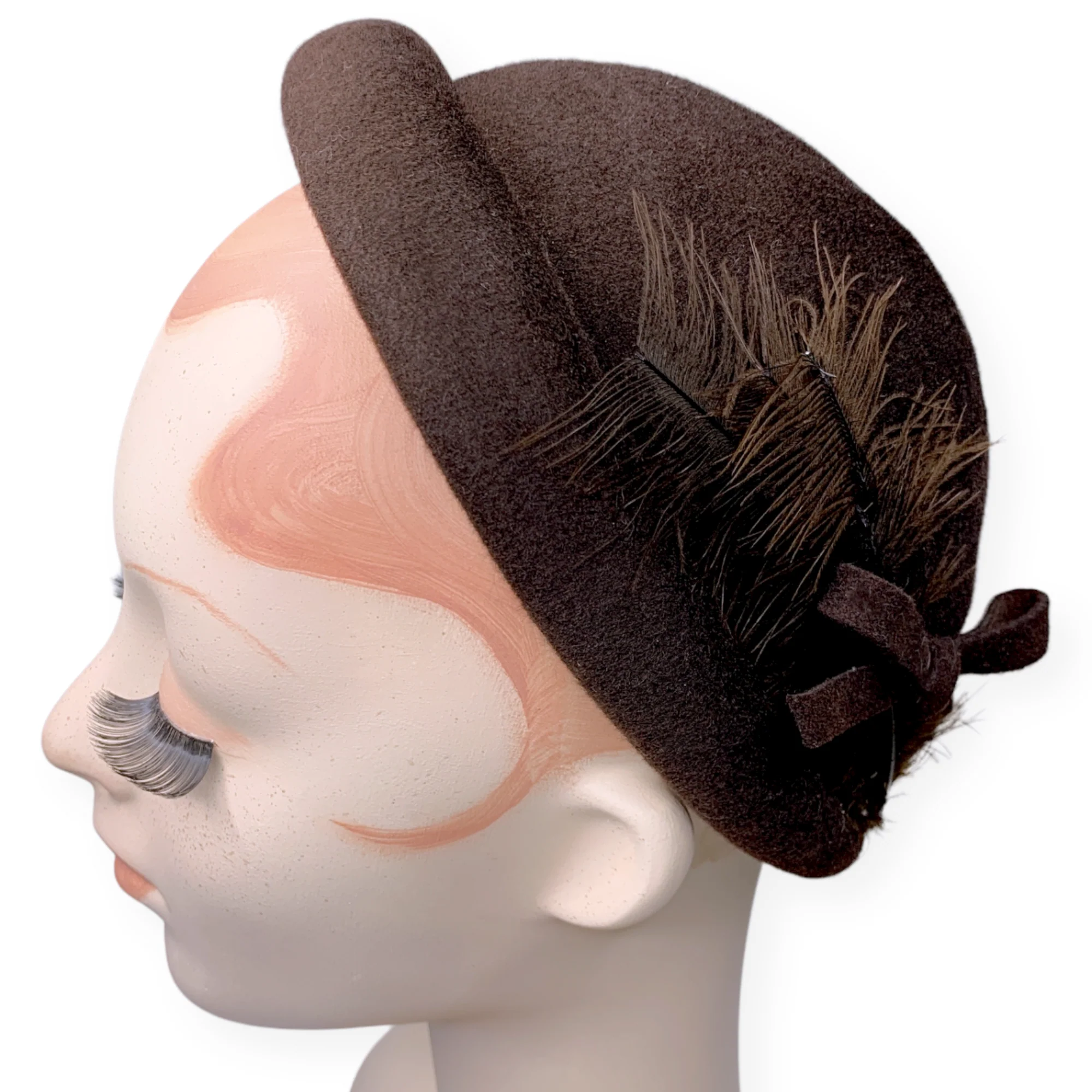 30s/40s Chocolate Brown Wool Felt Roller Cap Hat Feather By Belvedere Henry Pollak - Image 4