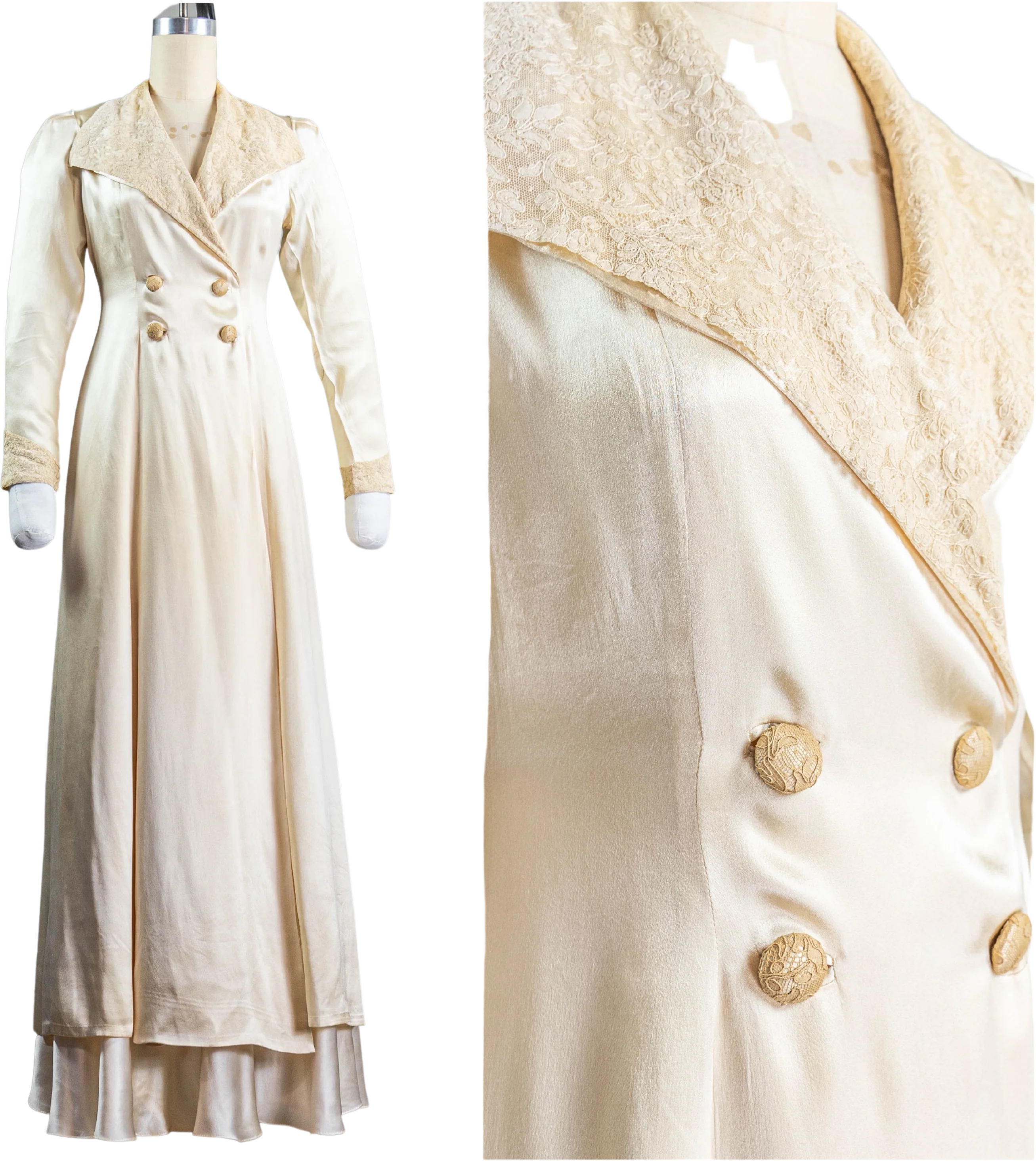 30s/40s Cream Silk Satin Trench Styled Peignoir Robe Lace