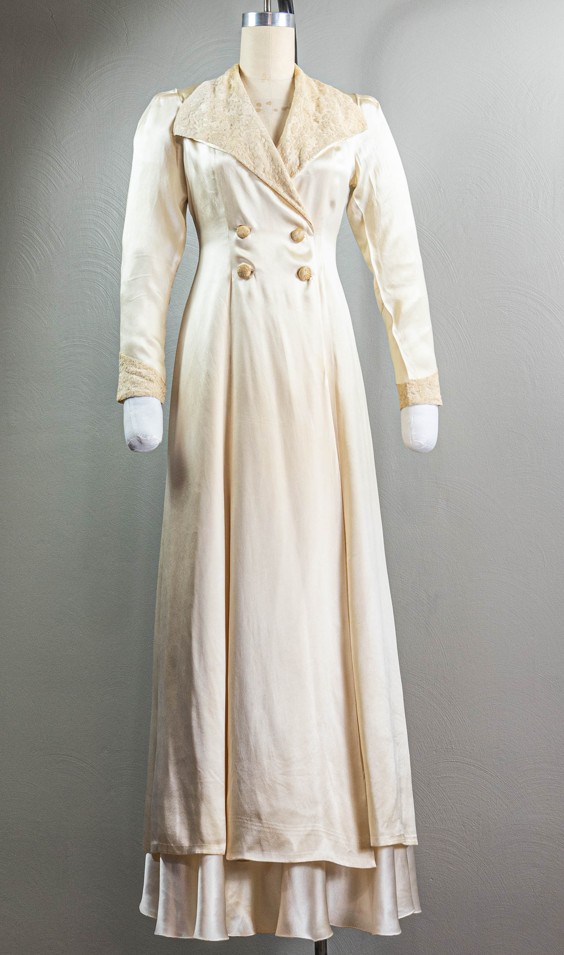 30s/40s Cream Silk Satin Trench Styled Peignoir Robe Lace - Image 3