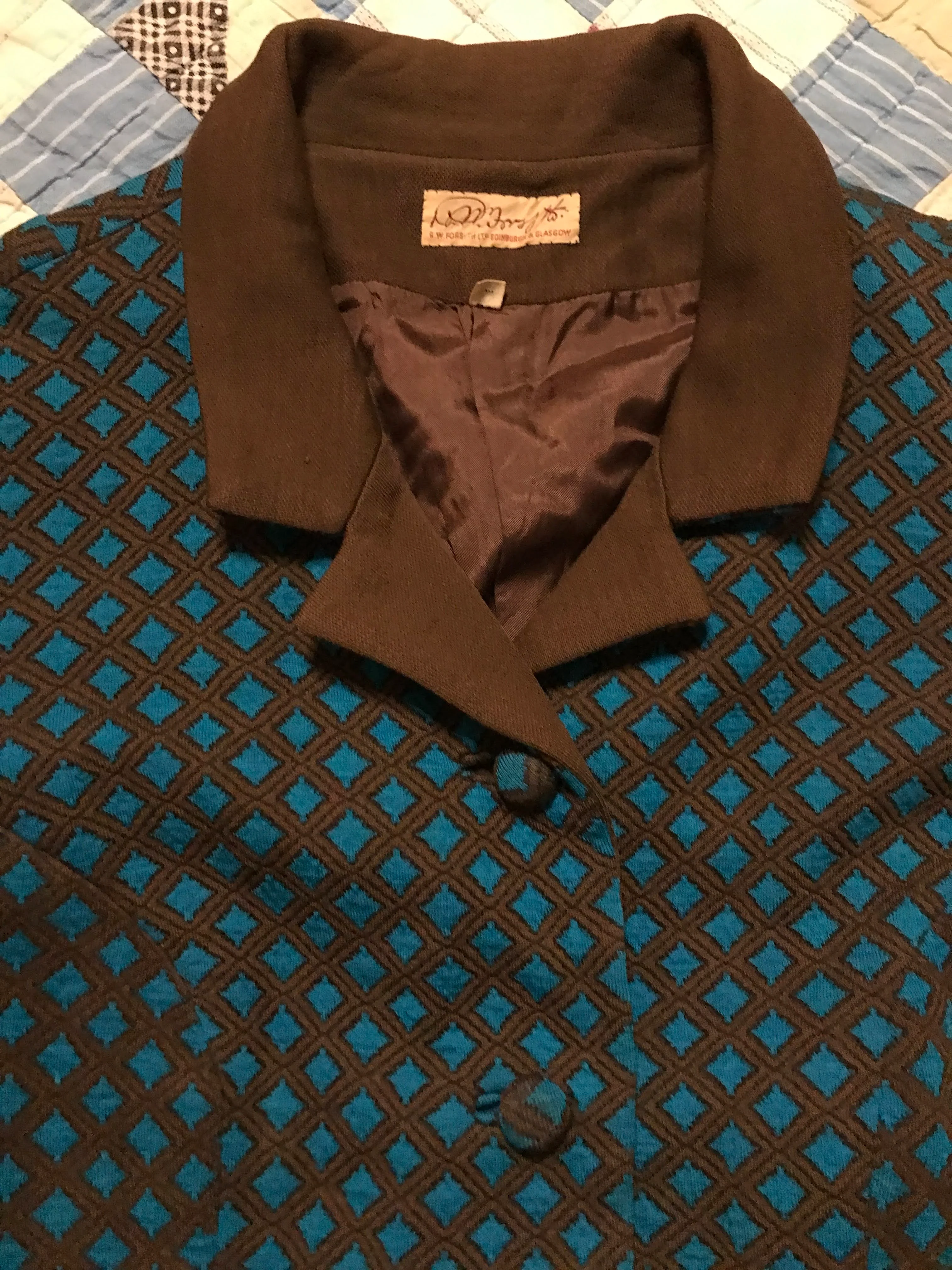 30s/40s Dark Academia Cropped Wool Brown Turquoise Blazer - Image 10