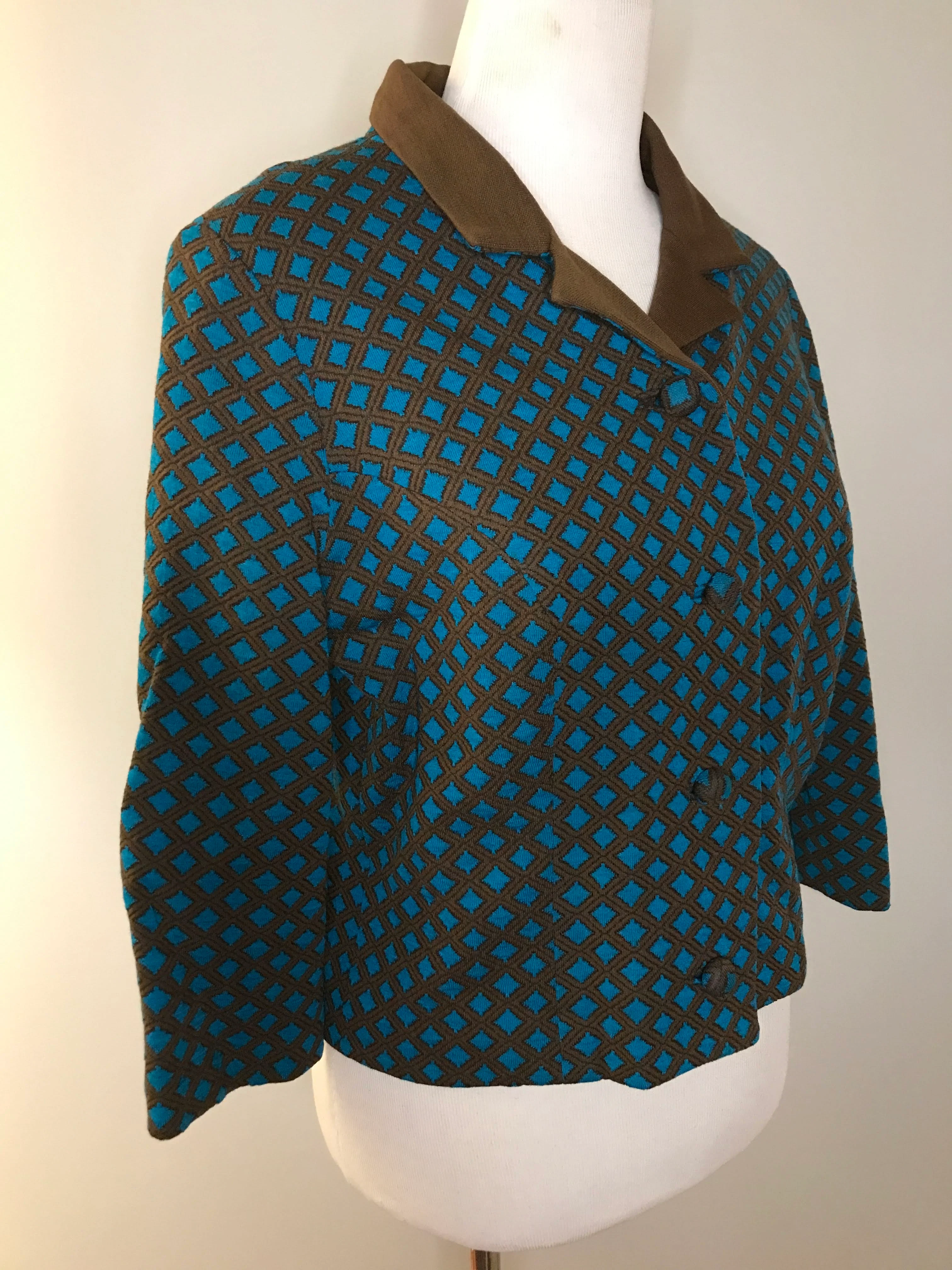 30s/40s Dark Academia Cropped Wool Brown Turquoise Blazer - Image 4