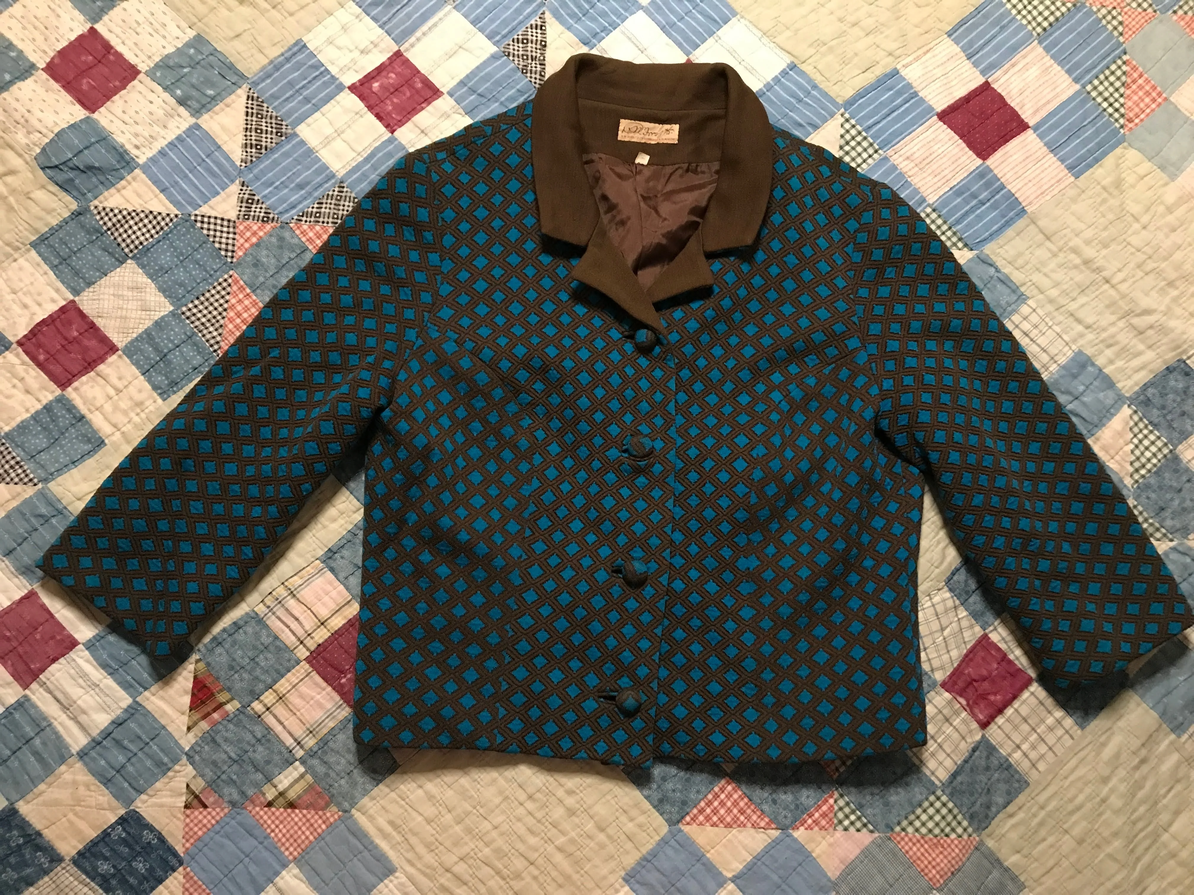 30s/40s Dark Academia Cropped Wool Brown Turquoise Blazer - Image 7