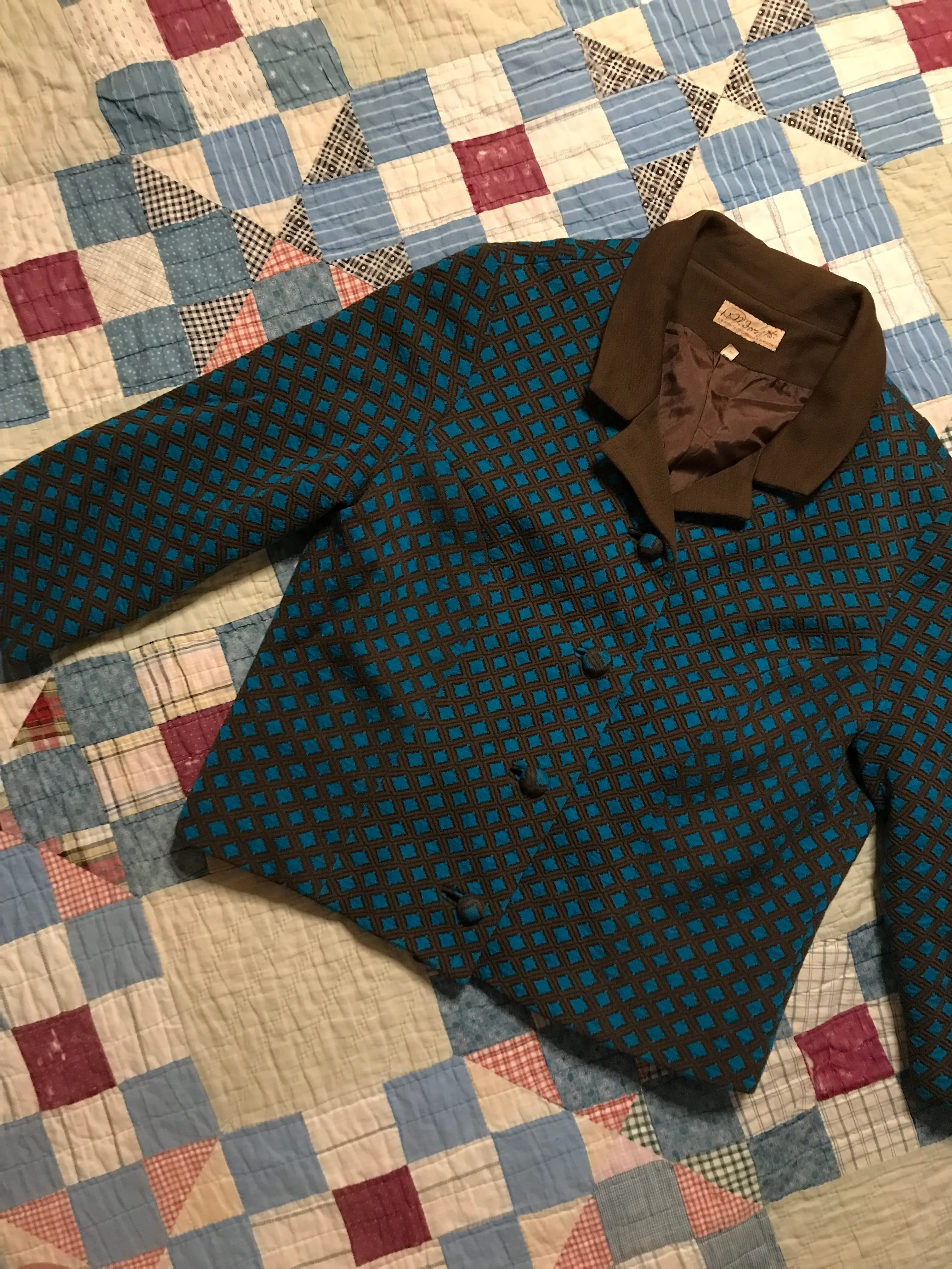 30s/40s Dark Academia Cropped Wool Brown Turquoise Blazer - Image 9