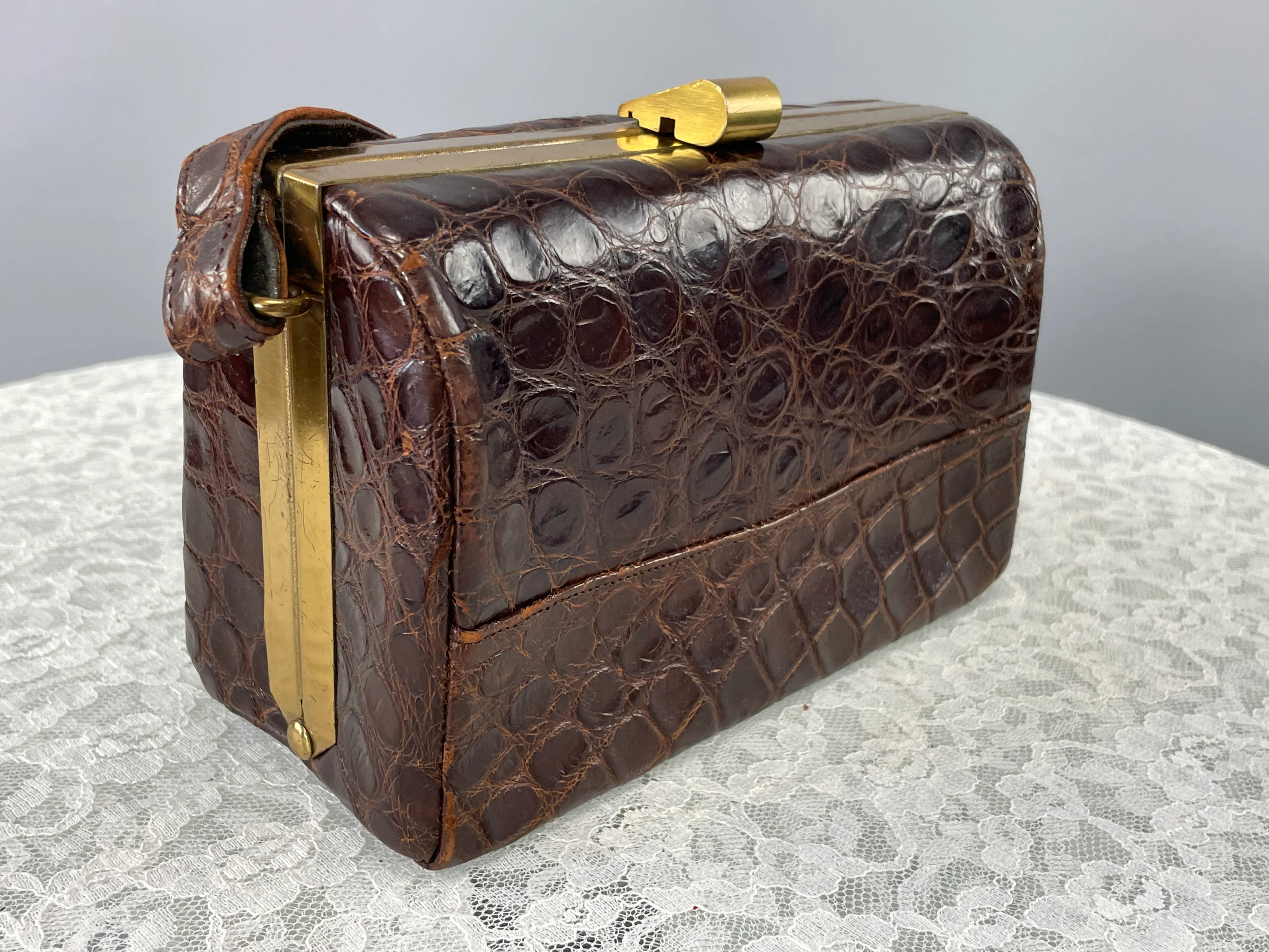 30s/40s Dark Brown Alligator Box Style Handbag Purse - Image 3