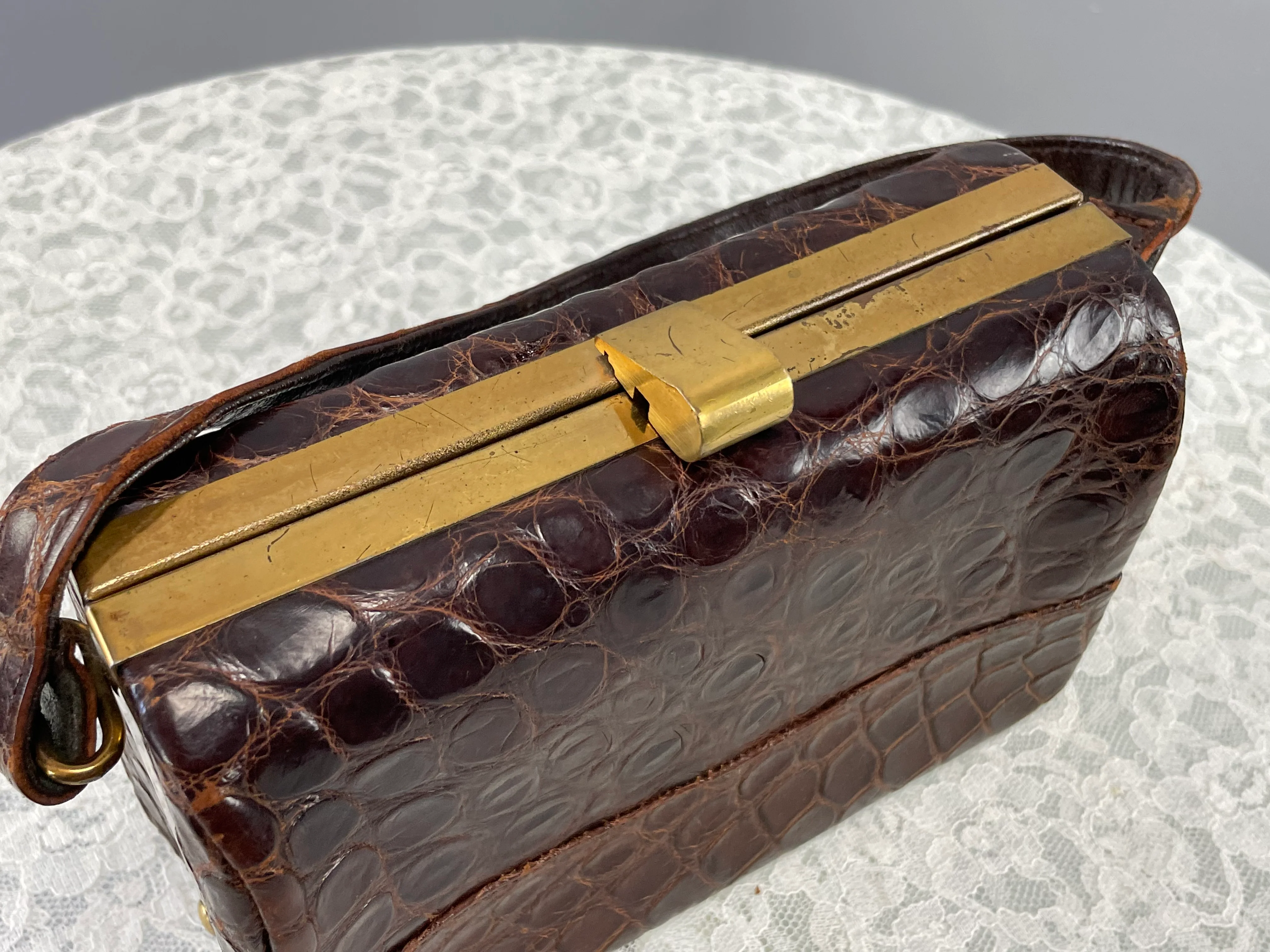 30s/40s Dark Brown Alligator Box Style Handbag Purse - Image 4
