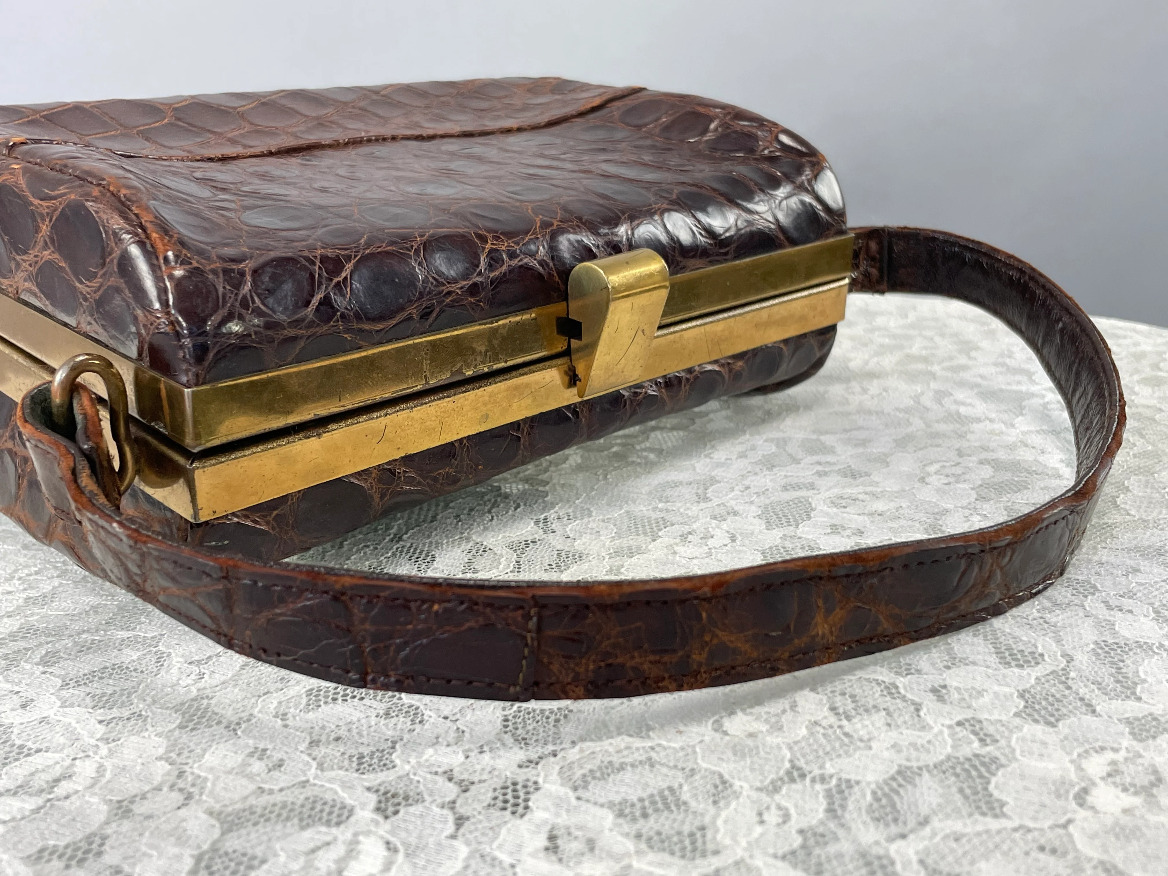 30s/40s Dark Brown Alligator Box Style Handbag Purse - Image 7