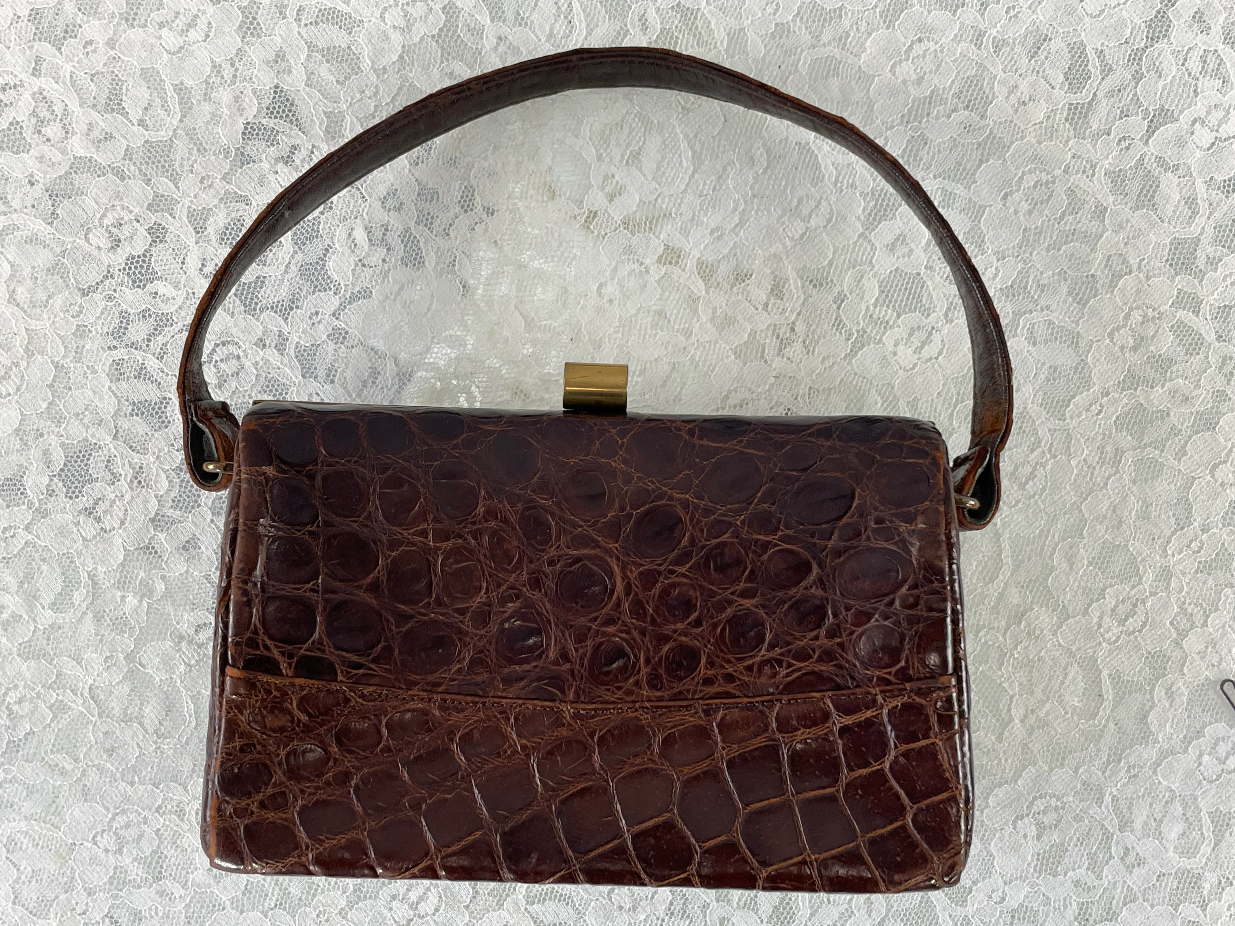 30s/40s Dark Brown Alligator Box Style Handbag Purse - Image 8