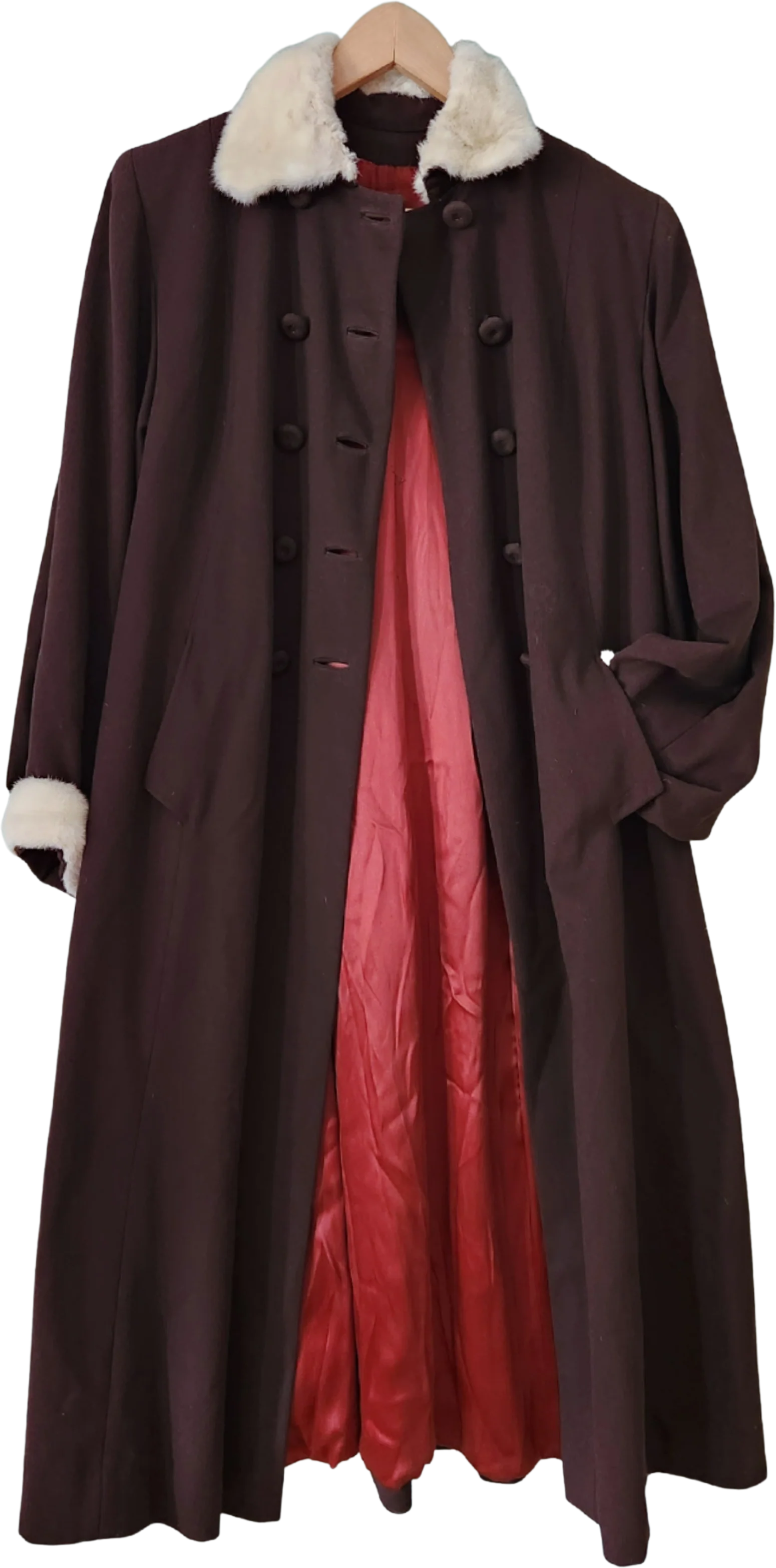 30s/40s Double Breast Fur Trim Long Brown Wool Swing Coat By Laro Co.