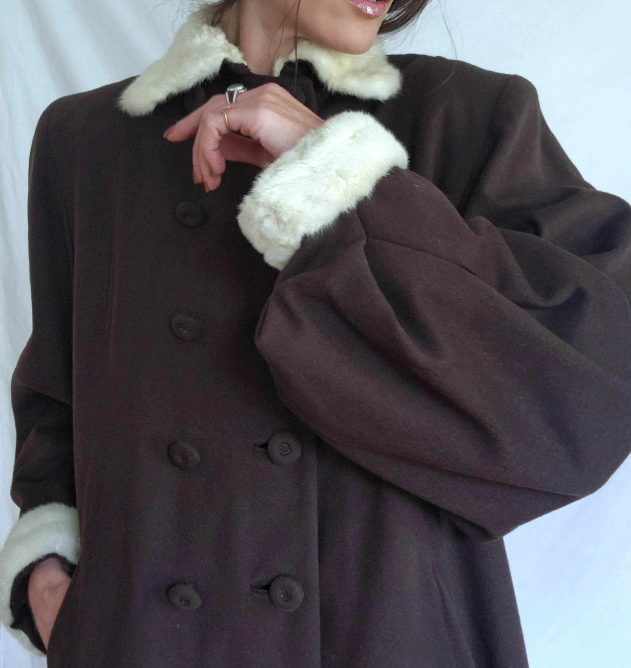 30s/40s Double Breast Fur Trim Long Brown Wool Swing Coat By Laro Co. - Image 13