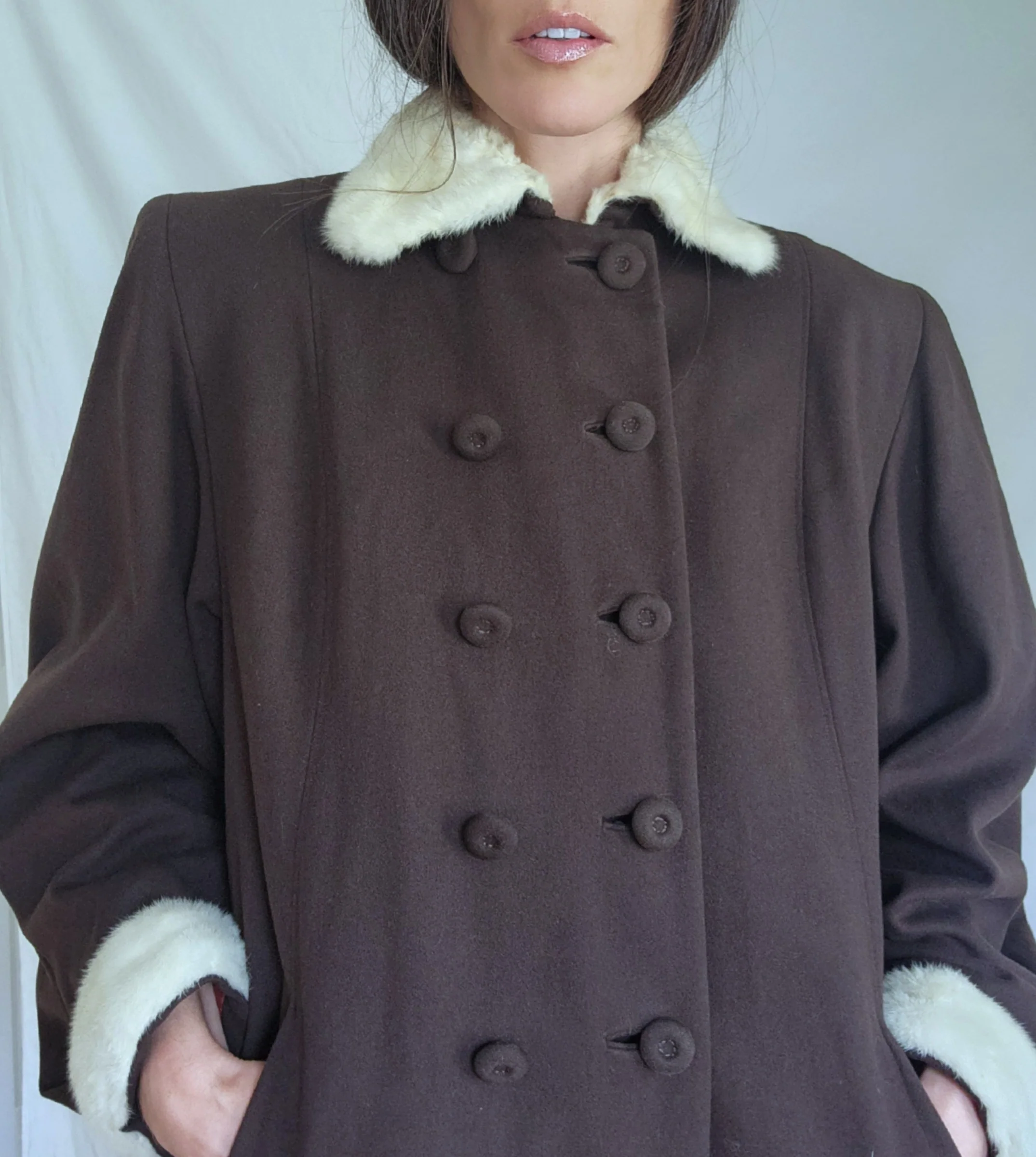 30s/40s Double Breast Fur Trim Long Brown Wool Swing Coat By Laro Co. - Image 3