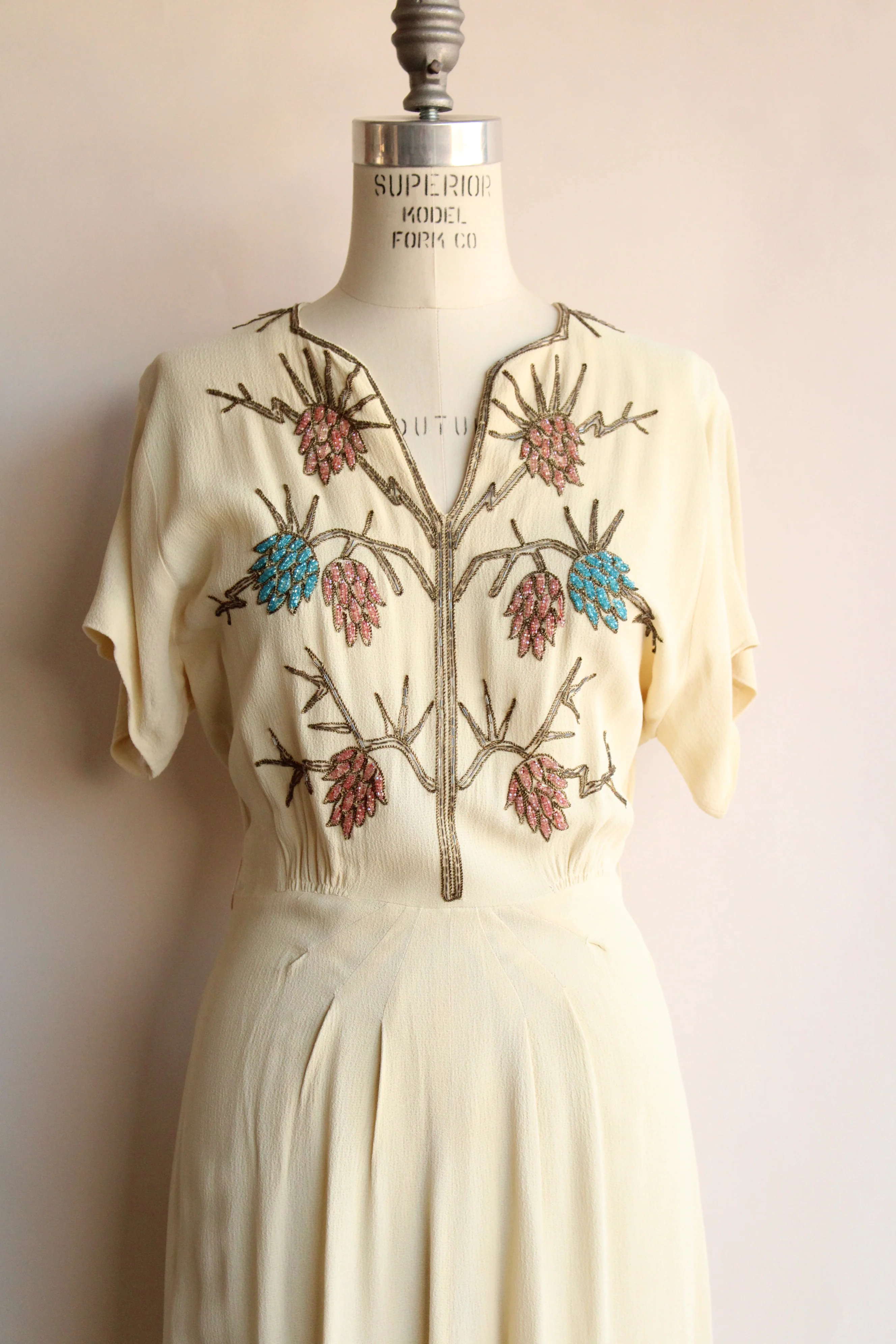 30s/40s Ivory Rayon Dress With Beaded Bodice By Best & Co - Image 3