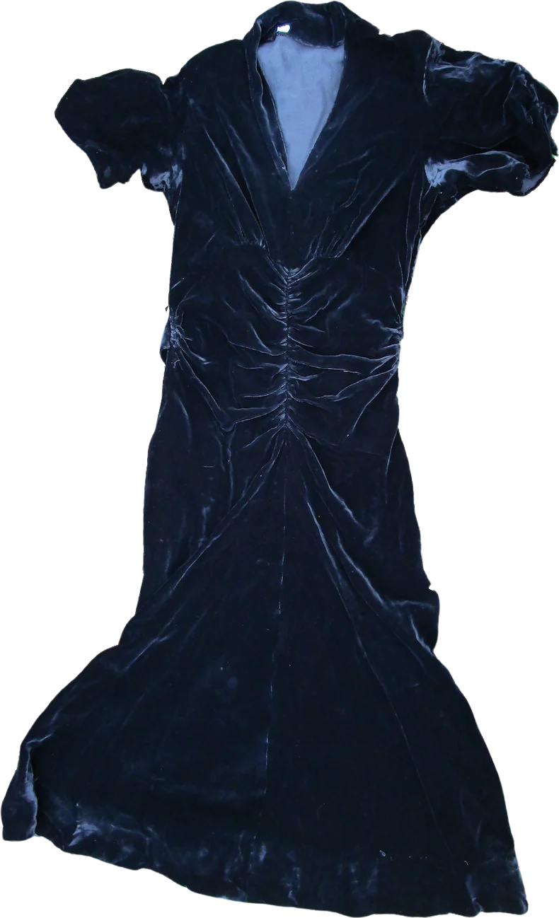 30s/40s Jet Black Velvet Dress With Ruching Art Deco - Image 3