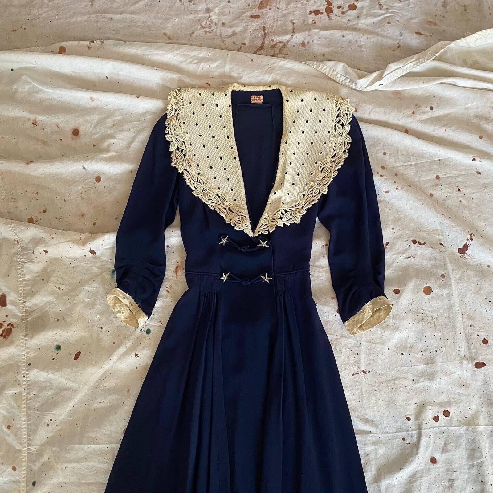 30s Foga Rayon Crepe Day Dress Embroidered Linen Shawl By Foga - Image 3