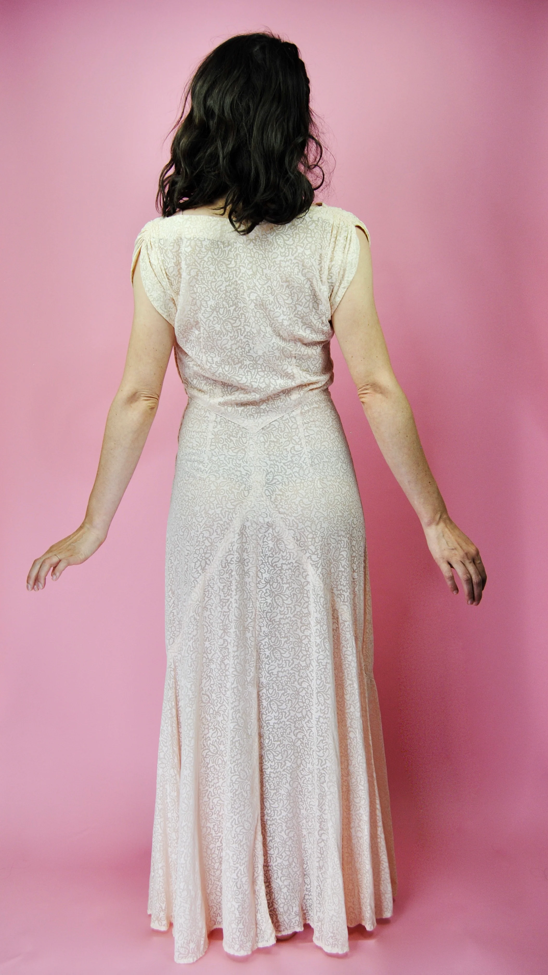 30s Pale Pink Sheer Patterned Lawn Dress Or Gown - Image 3