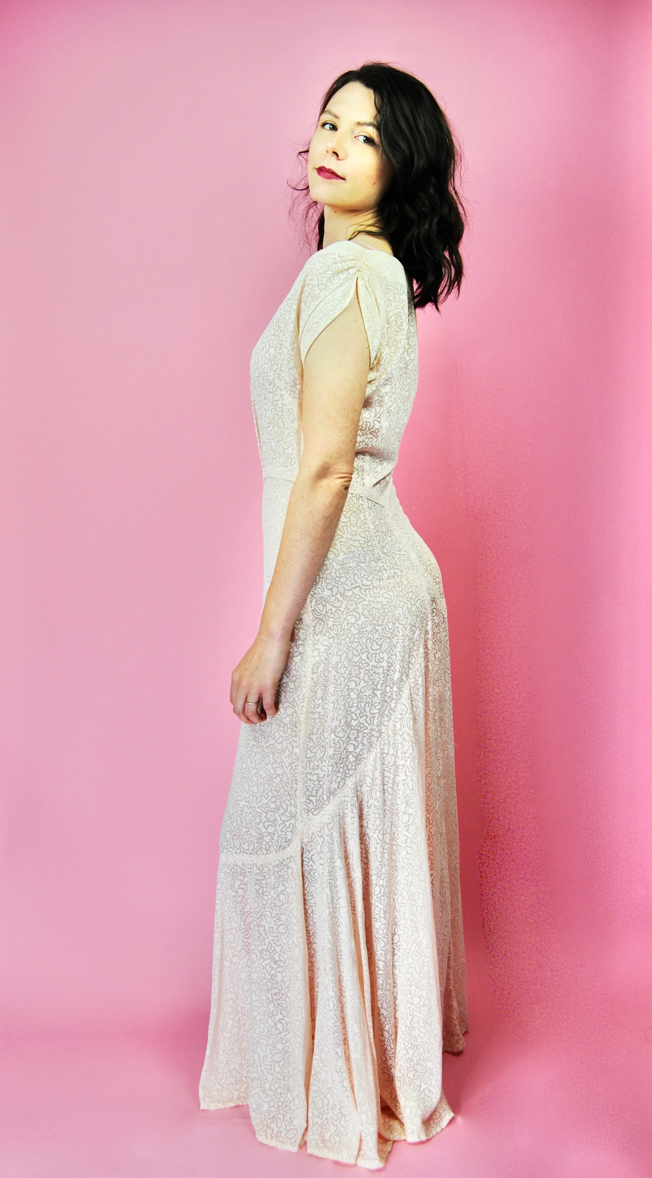 30s Pale Pink Sheer Patterned Lawn Dress Or Gown - Image 4